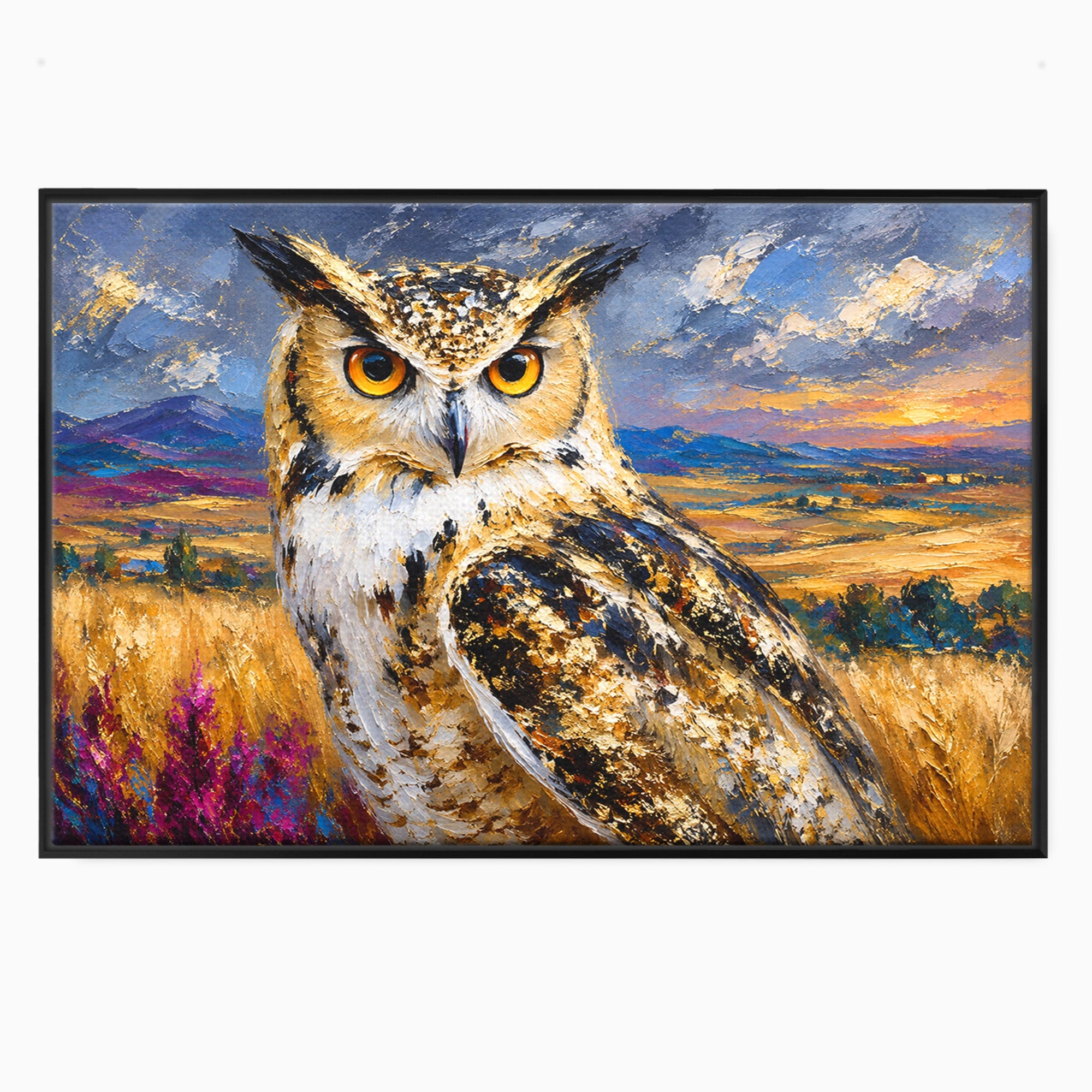 Tablou Canvas Premium LuxCanva® M1610, Bufnita In Peisaj Rural, Bufnita, Peisaj, Rural, Natura, Apus, Living, Dormitor, Culori Vibrante