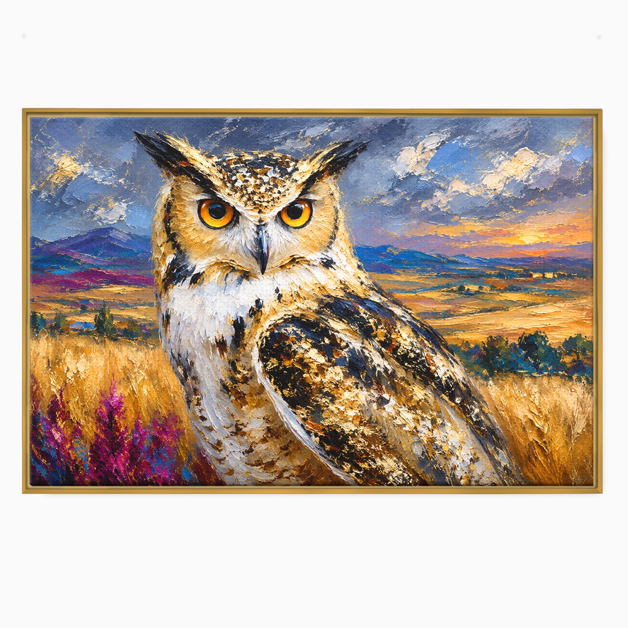Tablou Canvas Premium LuxCanva® M1610, Bufnita In Peisaj Rural, Bufnita, Peisaj, Rural, Natura, Apus, Living, Dormitor, Culori Vibrante