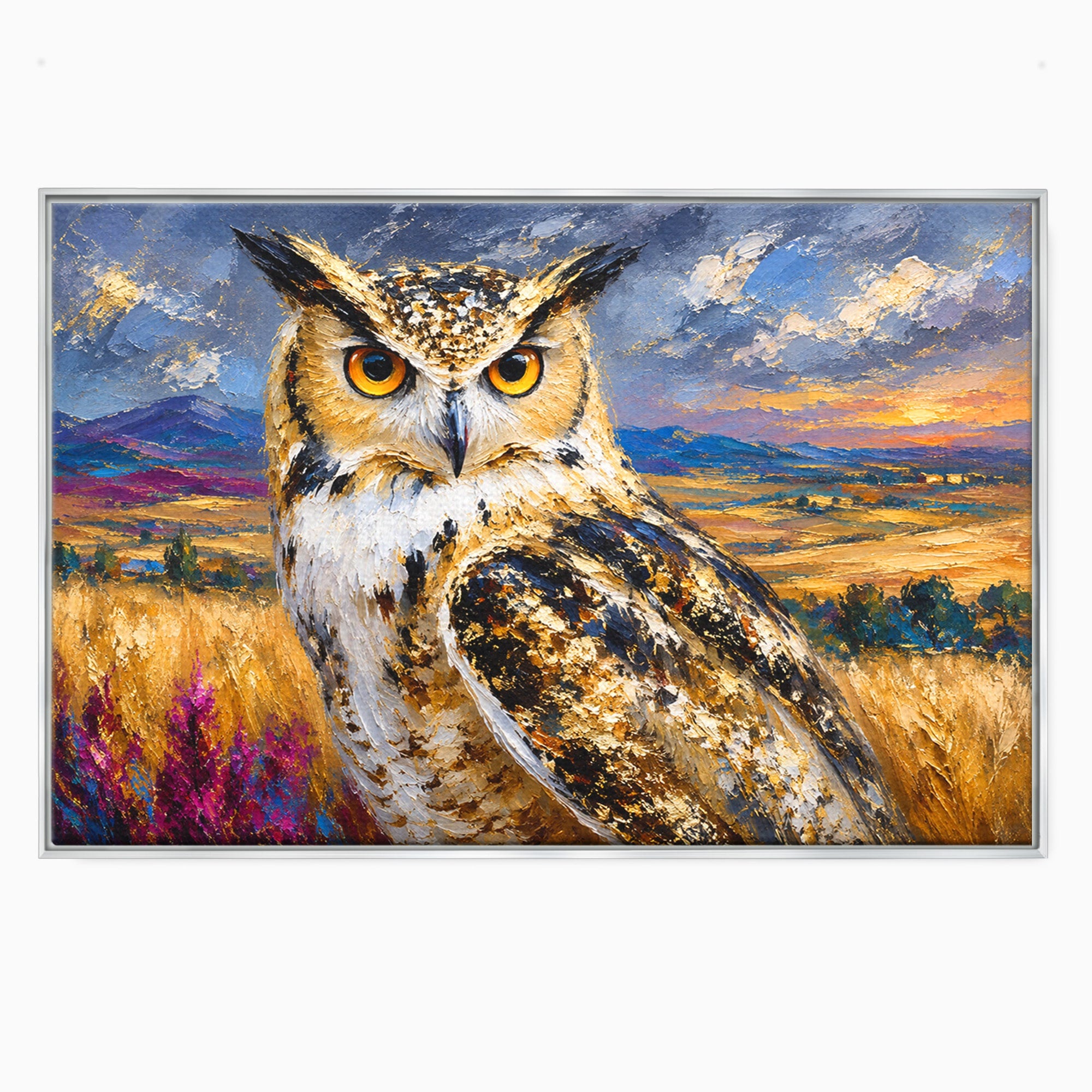 Tablou Canvas Premium LuxCanva® M1610, Bufnita In Peisaj Rural, Bufnita, Peisaj, Rural, Natura, Apus, Living, Dormitor, Culori Vibrante