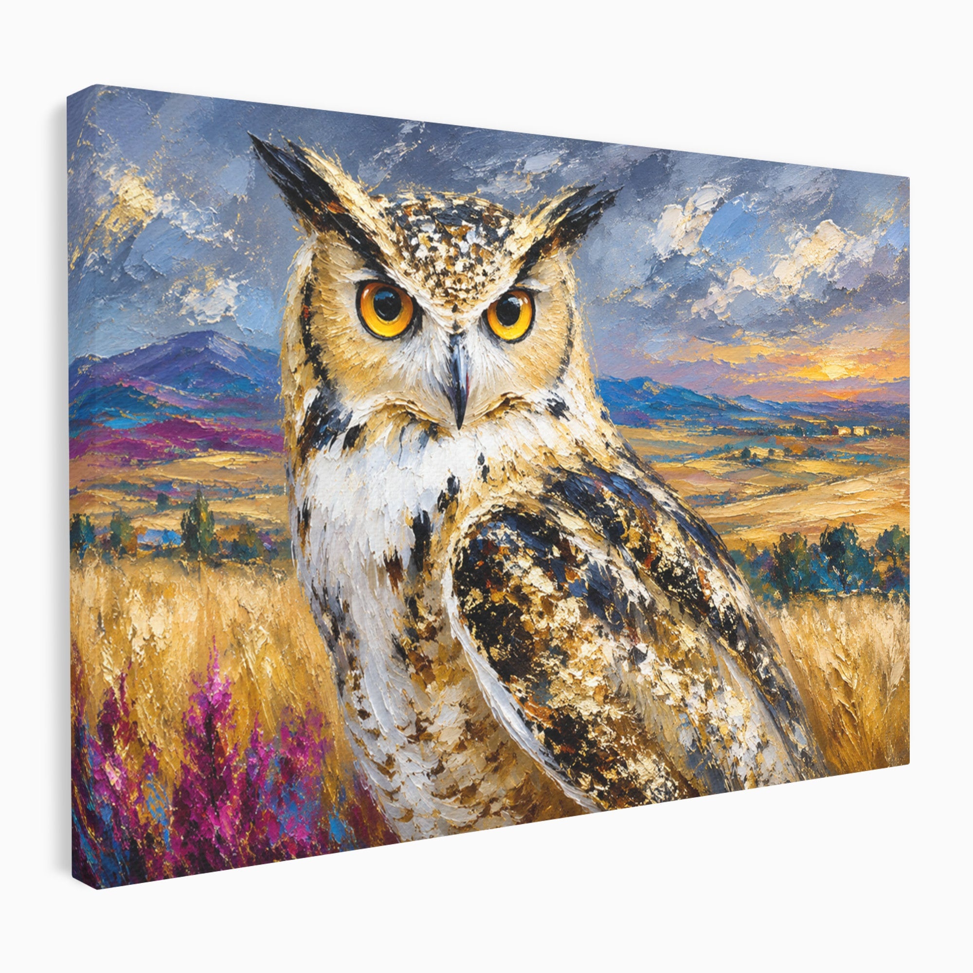 Tablou Canvas Premium LuxCanva® M1610, Bufnita In Peisaj Rural, Bufnita, Peisaj, Rural, Natura, Apus, Living, Dormitor, Culori Vibrante