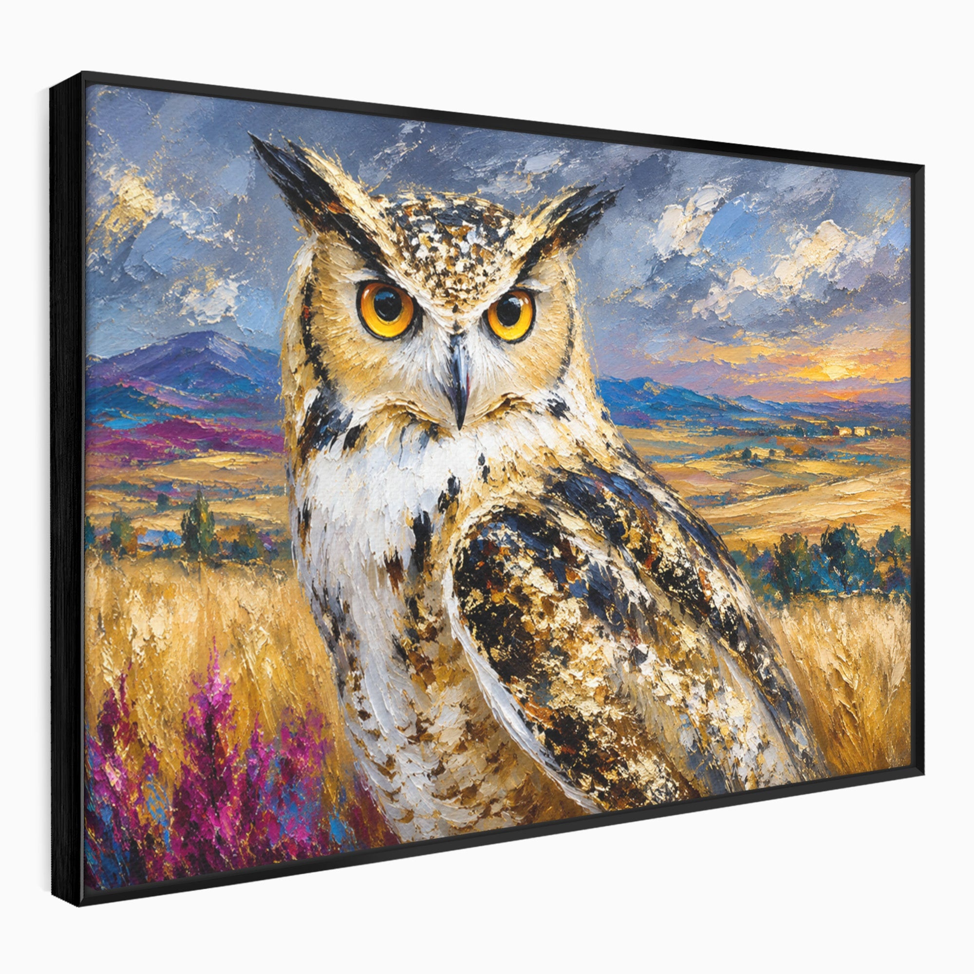 Tablou Canvas Premium LuxCanva® M1610, Bufnita In Peisaj Rural, Bufnita, Peisaj, Rural, Natura, Apus, Living, Dormitor, Culori Vibrante