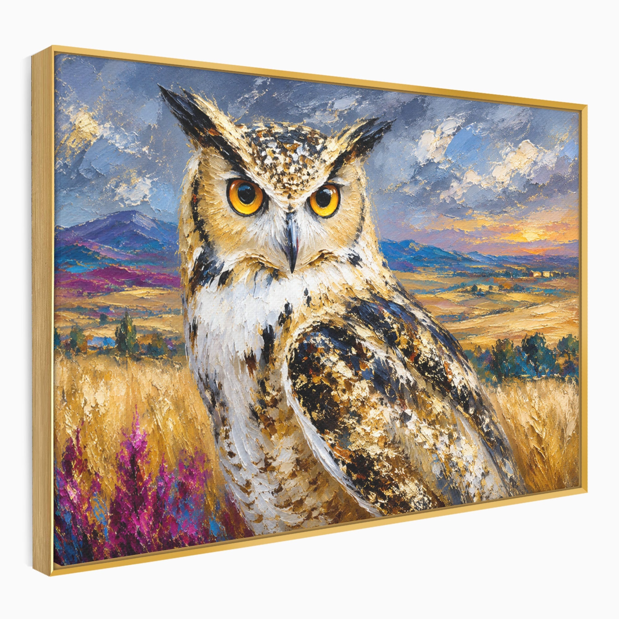 Tablou Canvas Premium LuxCanva® M1610, Bufnita In Peisaj Rural, Bufnita, Peisaj, Rural, Natura, Apus, Living, Dormitor, Culori Vibrante