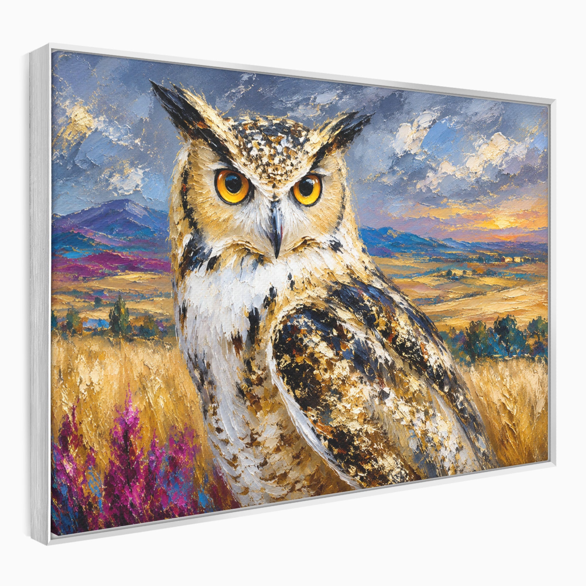 Tablou Canvas Premium LuxCanva® M1610, Bufnita In Peisaj Rural, Bufnita, Peisaj, Rural, Natura, Apus, Living, Dormitor, Culori Vibrante