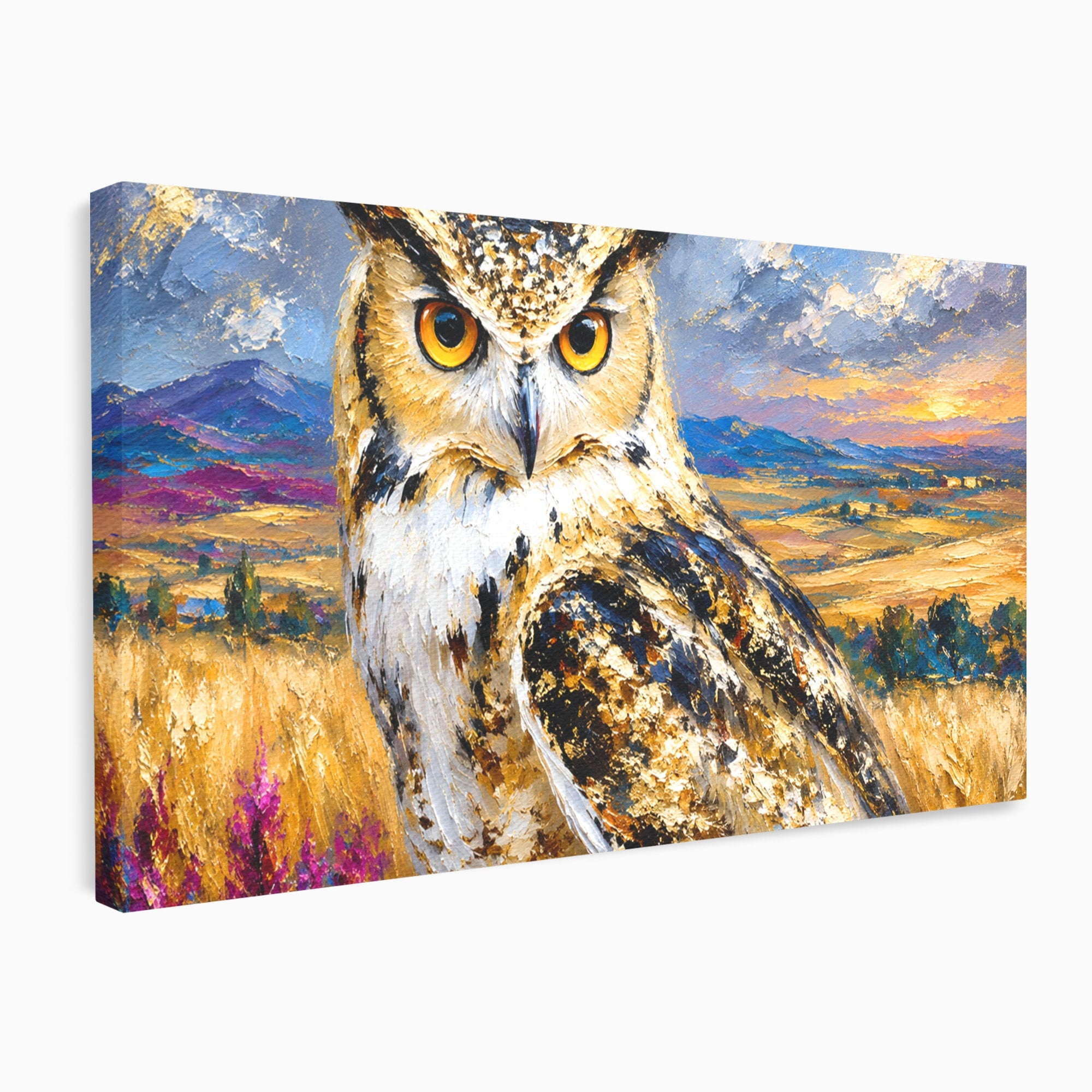 Tablou Canvas Premium LuxCanva® M1610, Bufnita In Peisaj Rural, Bufnita, Peisaj, Rural, Natura, Apus, Living, Dormitor, Culori Vibrante