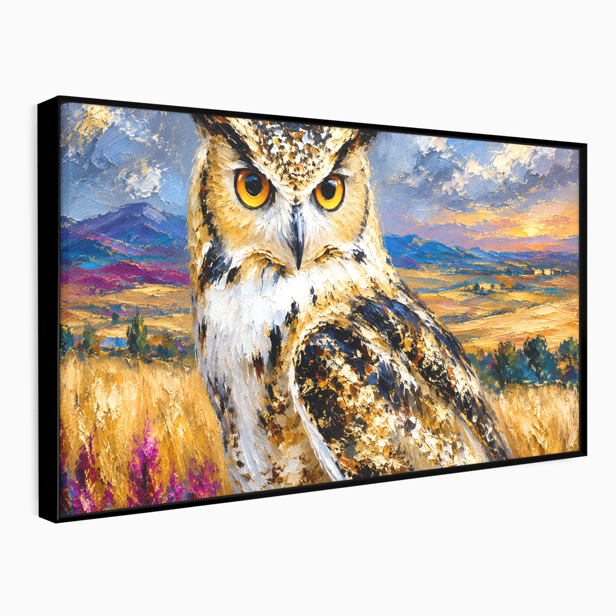 Tablou Canvas Premium LuxCanva® M1610, Bufnita In Peisaj Rural, Bufnita, Peisaj, Rural, Natura, Apus, Living, Dormitor, Culori Vibrante