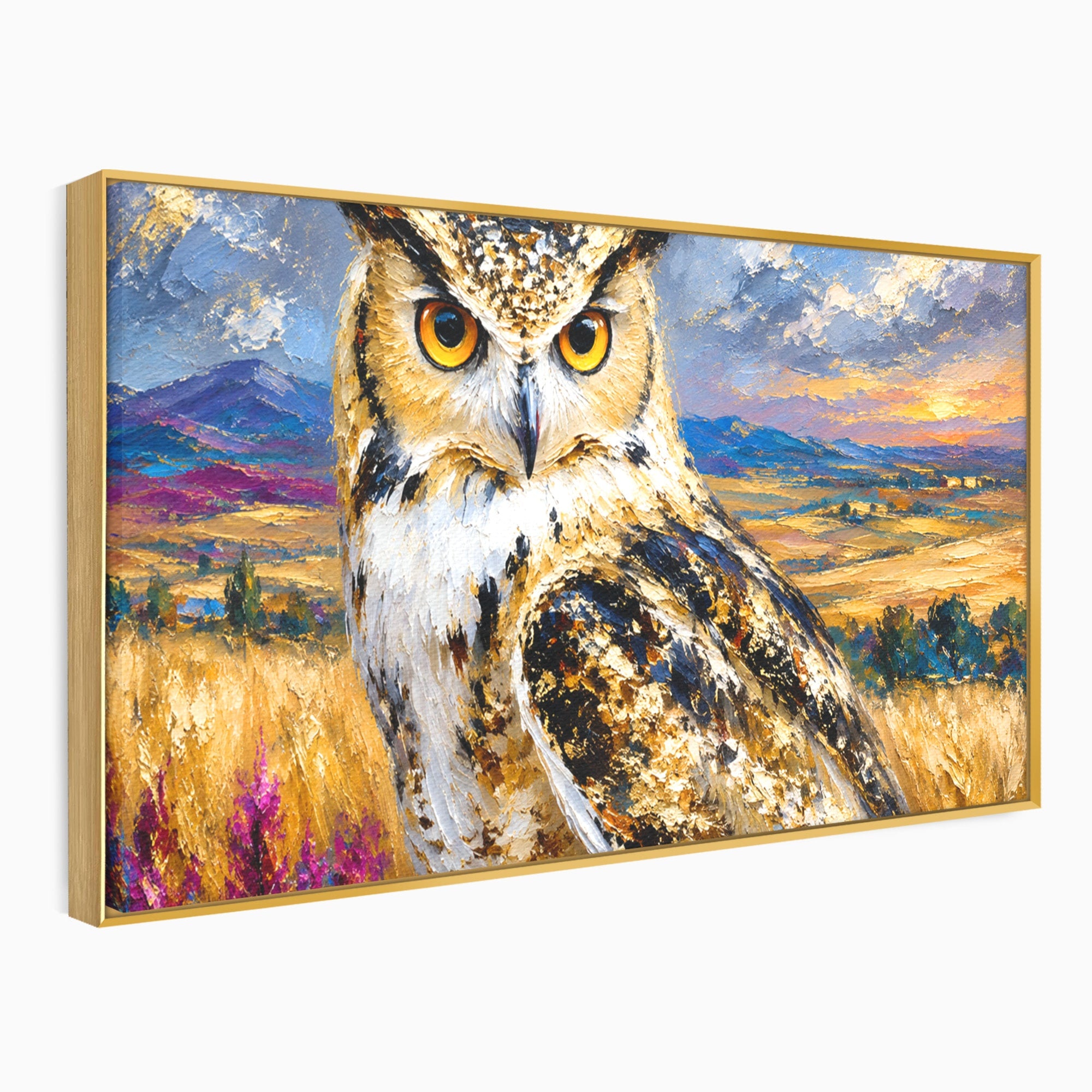 Tablou Canvas Premium LuxCanva® M1610, Bufnita In Peisaj Rural, Bufnita, Peisaj, Rural, Natura, Apus, Living, Dormitor, Culori Vibrante