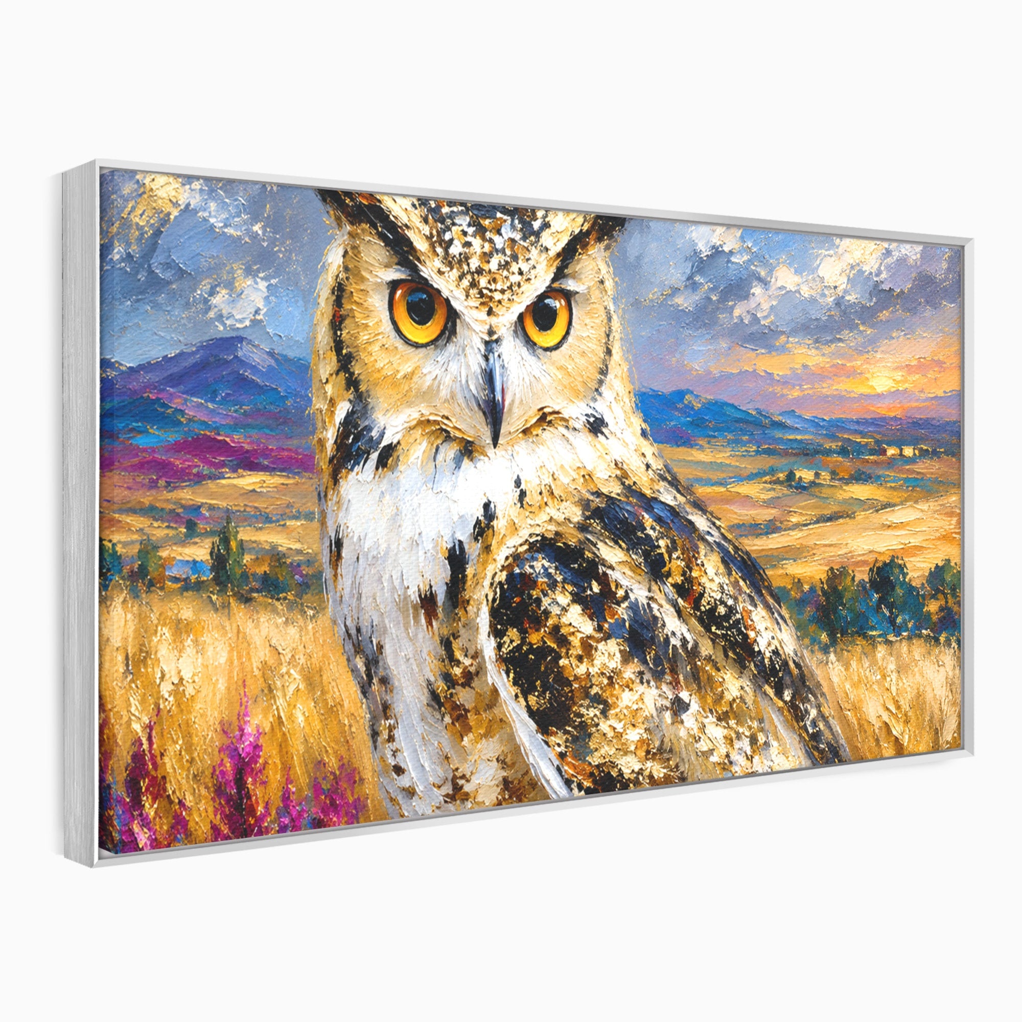 Tablou Canvas Premium LuxCanva® M1610, Bufnita In Peisaj Rural, Bufnita, Peisaj, Rural, Natura, Apus, Living, Dormitor, Culori Vibrante