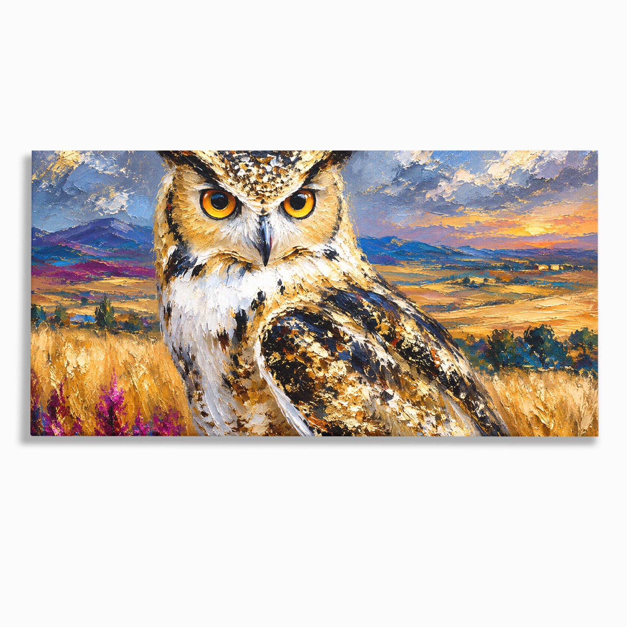 Tablou Canvas Premium LuxCanva® M1610, Bufnita In Peisaj Rural, Bufnita, Peisaj, Rural, Natura, Apus, Living, Dormitor, Culori Vibrante