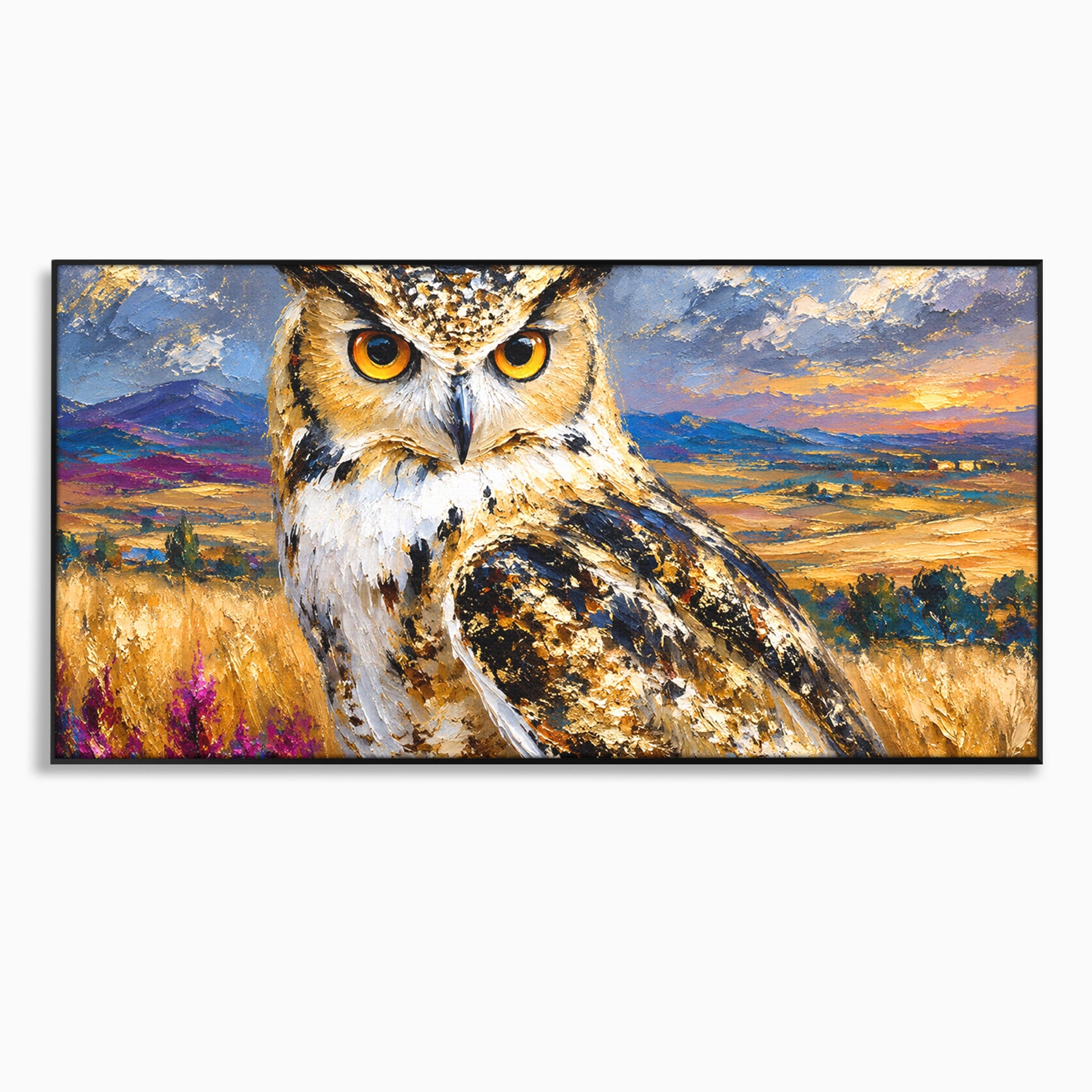 Tablou Canvas Premium LuxCanva® M1610, Bufnita In Peisaj Rural, Bufnita, Peisaj, Rural, Natura, Apus, Living, Dormitor, Culori Vibrante