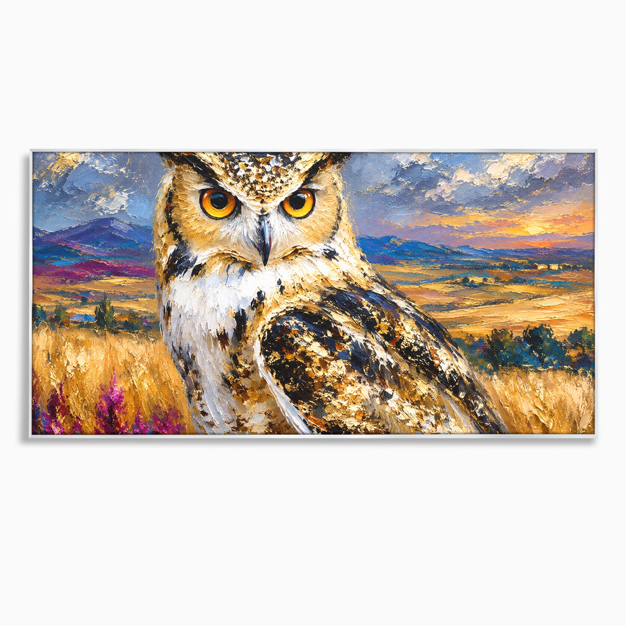 Tablou Canvas Premium LuxCanva® M1610, Bufnita In Peisaj Rural, Bufnita, Peisaj, Rural, Natura, Apus, Living, Dormitor, Culori Vibrante