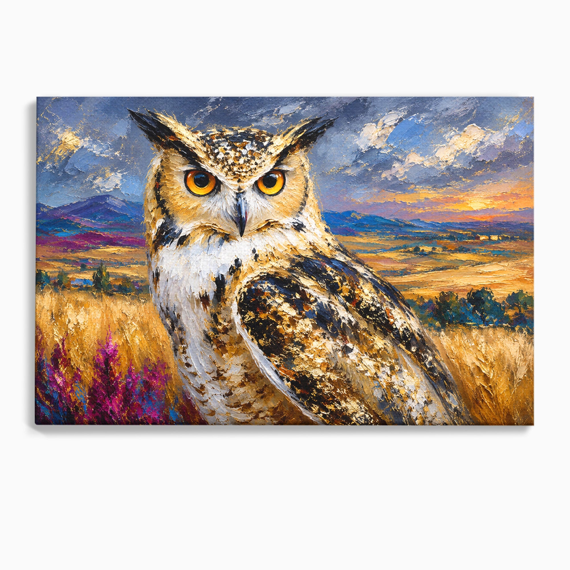 Tablou Canvas Premium LuxCanva® M1610, Bufnita In Peisaj Rural, Bufnita, Peisaj, Rural, Natura, Apus, Living, Dormitor, Culori Vibrante