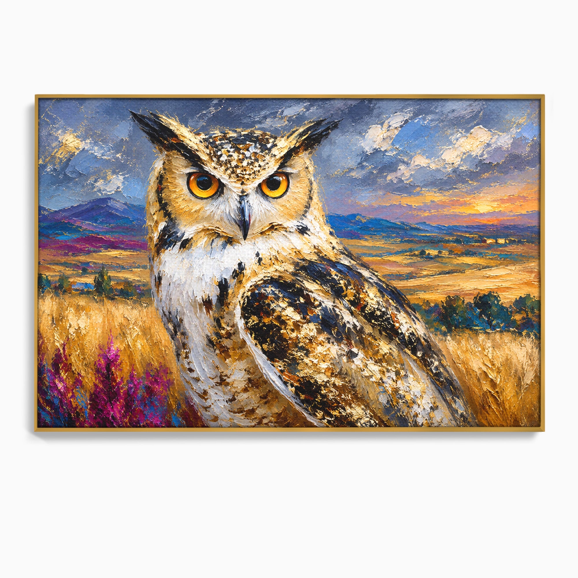 Tablou Canvas Premium LuxCanva® M1610, Bufnita In Peisaj Rural, Bufnita, Peisaj, Rural, Natura, Apus, Living, Dormitor, Culori Vibrante