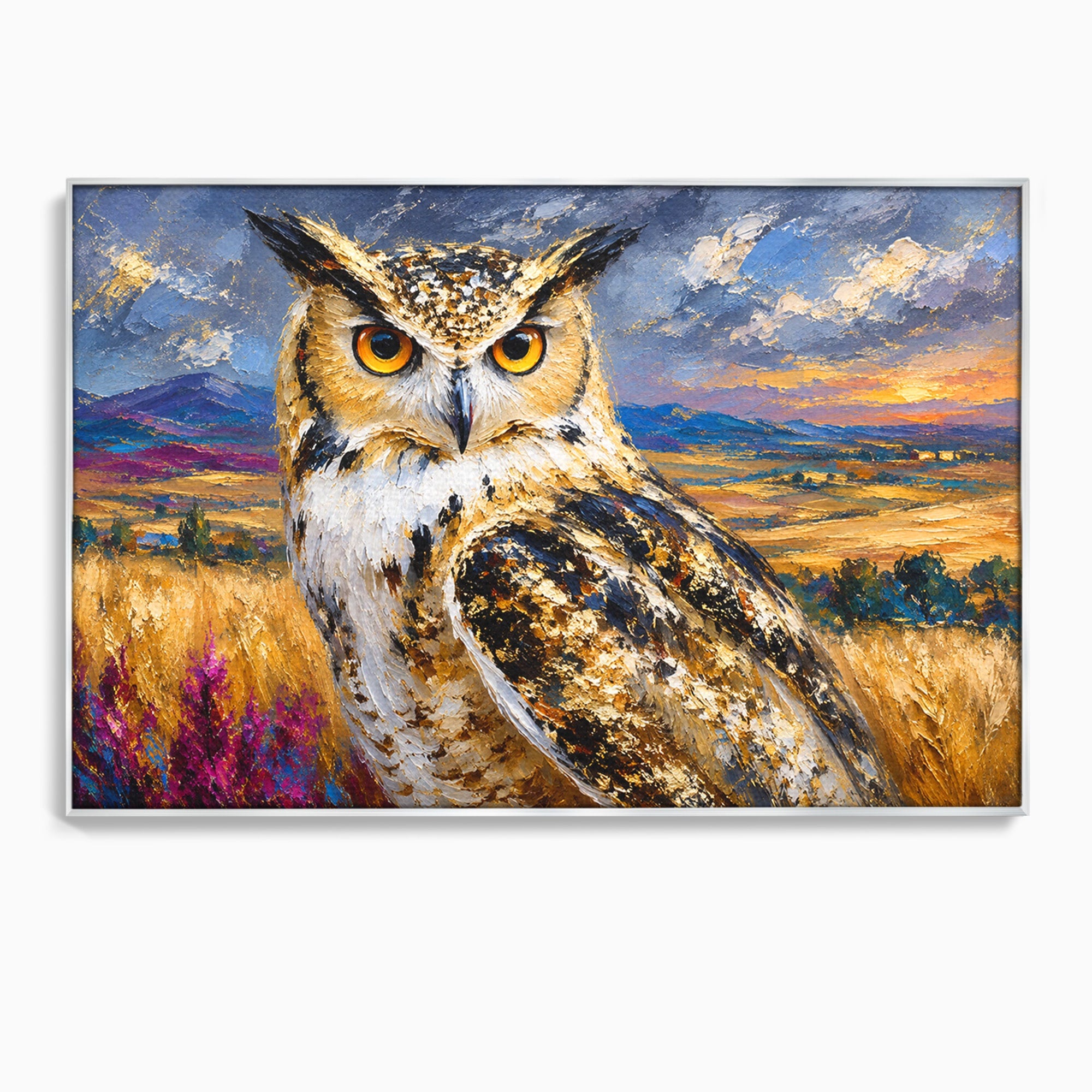 Tablou Canvas Premium LuxCanva® M1610, Bufnita In Peisaj Rural, Bufnita, Peisaj, Rural, Natura, Apus, Living, Dormitor, Culori Vibrante