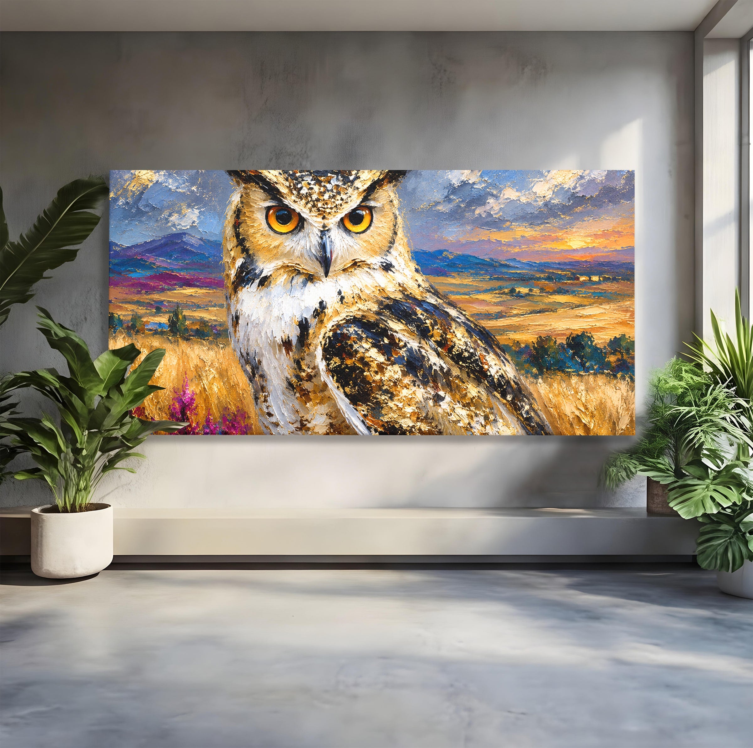 Tablou Canvas Premium LuxCanva® M1610, Bufnita In Peisaj Rural, Bufnita, Peisaj, Rural, Natura, Apus, Living, Dormitor, Culori Vibrante