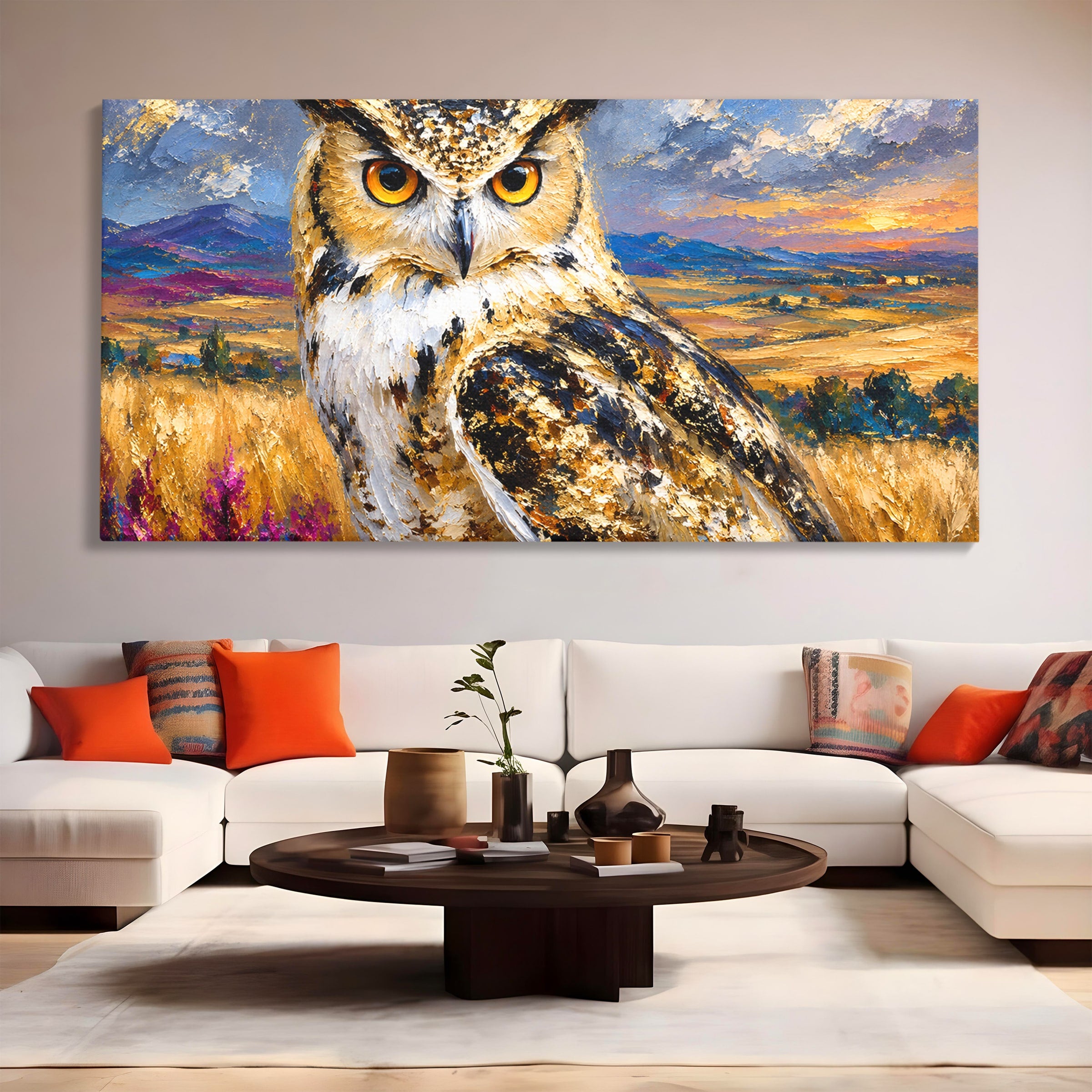 Tablou Canvas Premium LuxCanva® M1610, Bufnita In Peisaj Rural, Bufnita, Peisaj, Rural, Natura, Apus, Living, Dormitor, Culori Vibrante