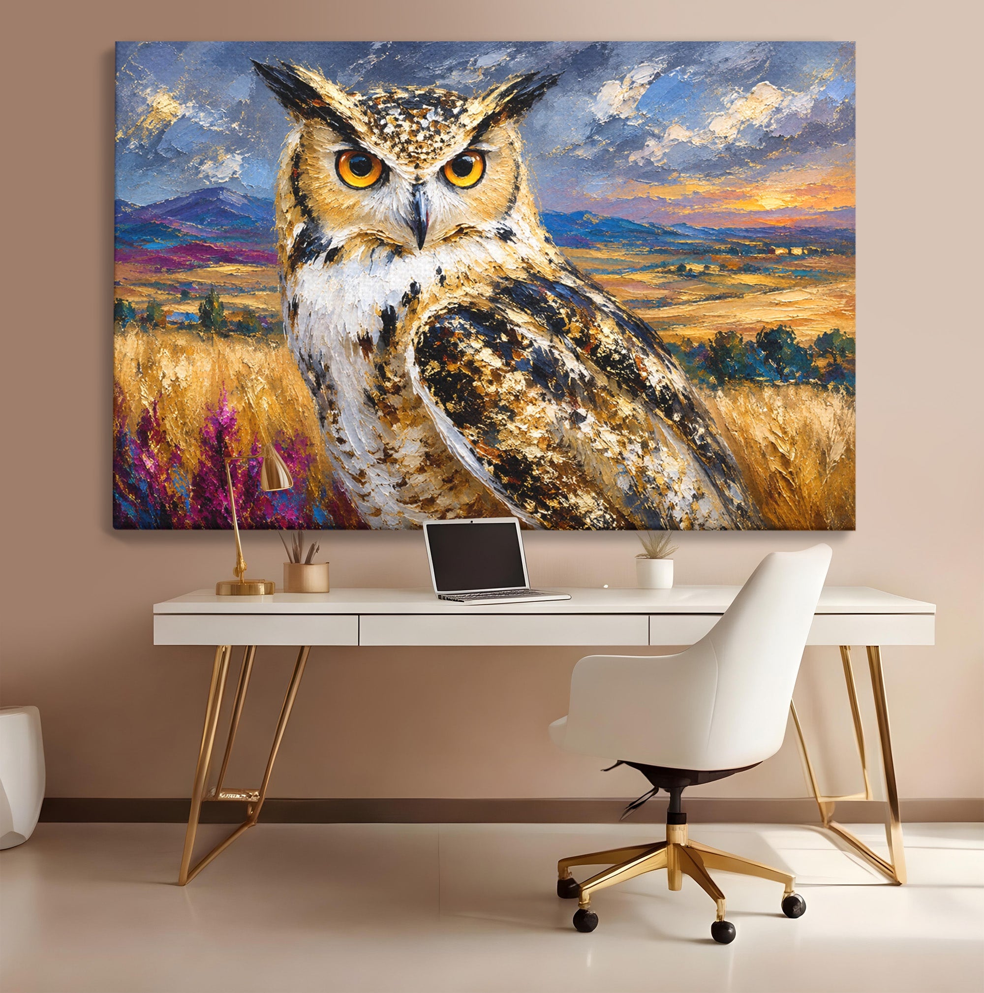 Tablou Canvas Premium LuxCanva® M1610, Bufnita In Peisaj Rural, Bufnita, Peisaj, Rural, Natura, Apus, Living, Dormitor, Culori Vibrante
