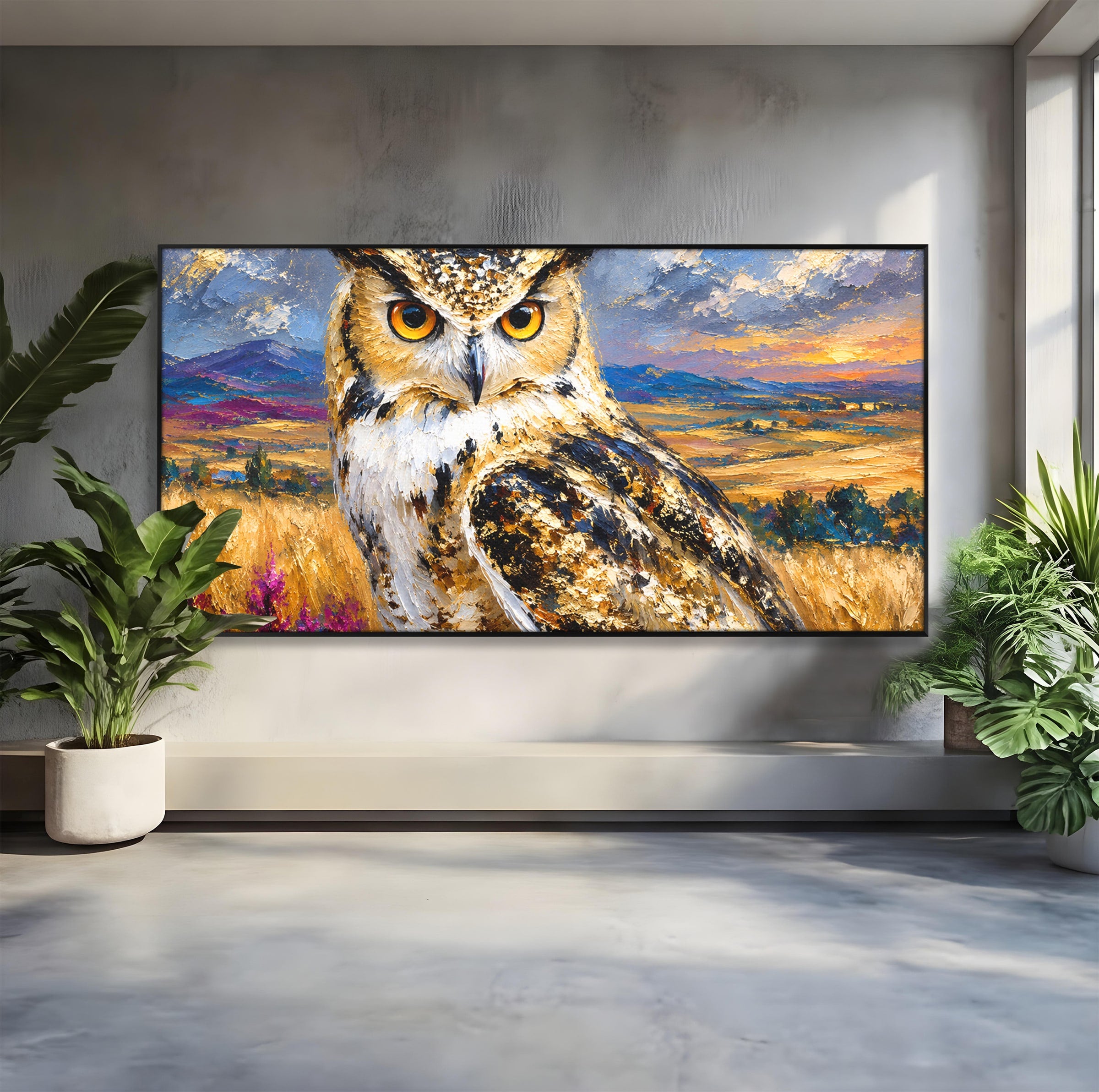 Tablou Canvas Premium LuxCanva® M1610, Bufnita In Peisaj Rural, Bufnita, Peisaj, Rural, Natura, Apus, Living, Dormitor, Culori Vibrante