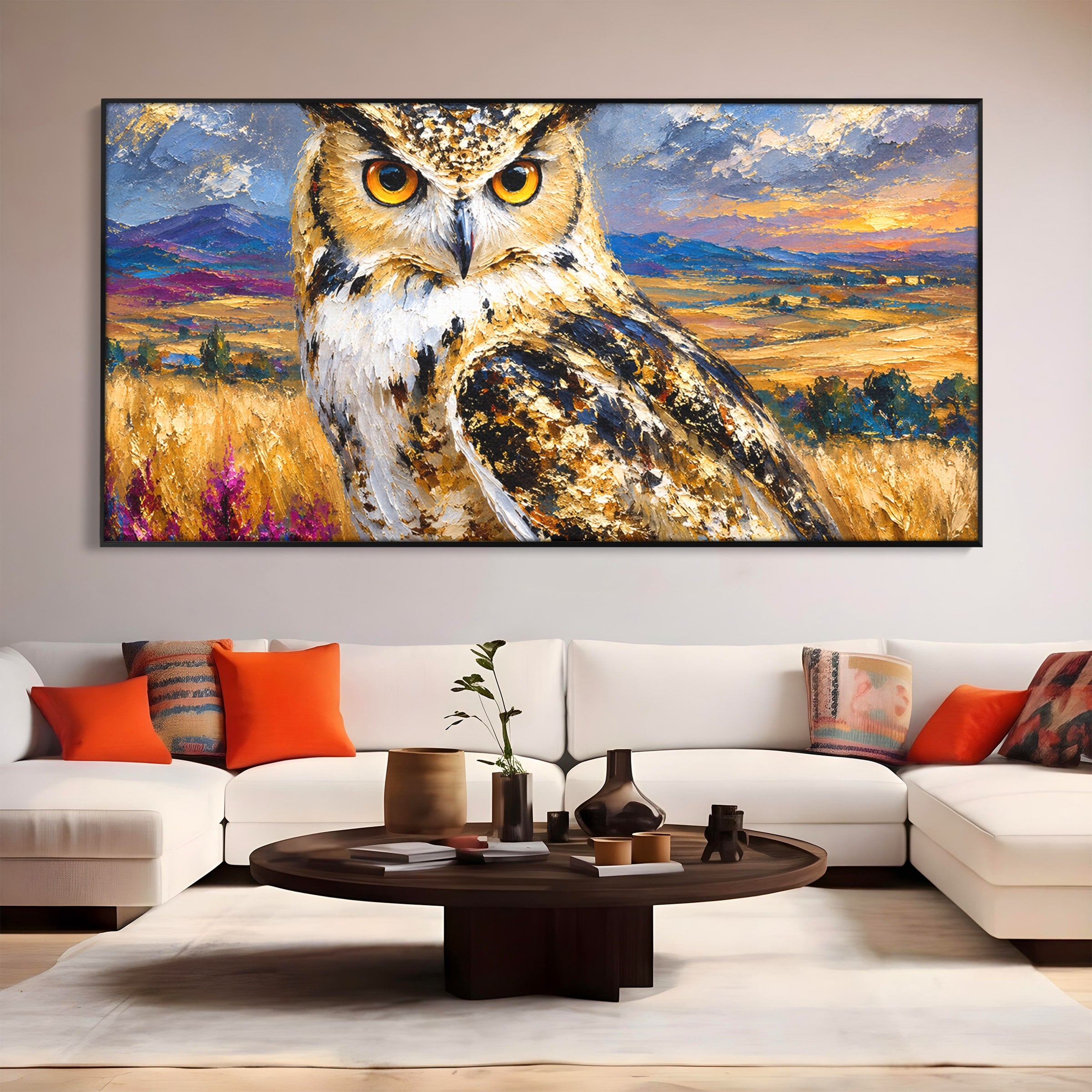 Tablou Canvas Premium LuxCanva® M1610, Bufnita In Peisaj Rural, Bufnita, Peisaj, Rural, Natura, Apus, Living, Dormitor, Culori Vibrante