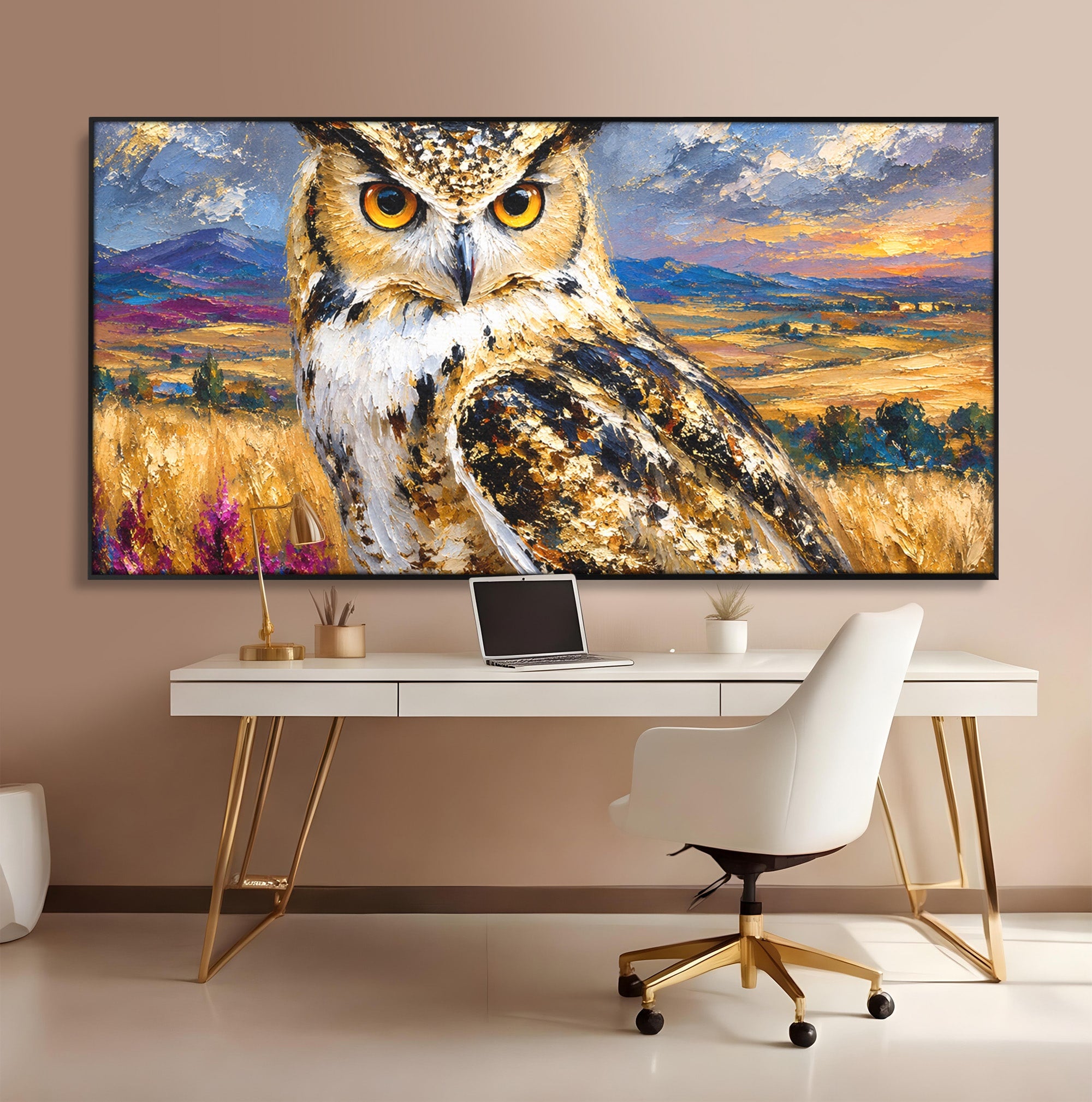 Tablou Canvas Premium LuxCanva® M1610, Bufnita In Peisaj Rural, Bufnita, Peisaj, Rural, Natura, Apus, Living, Dormitor, Culori Vibrante