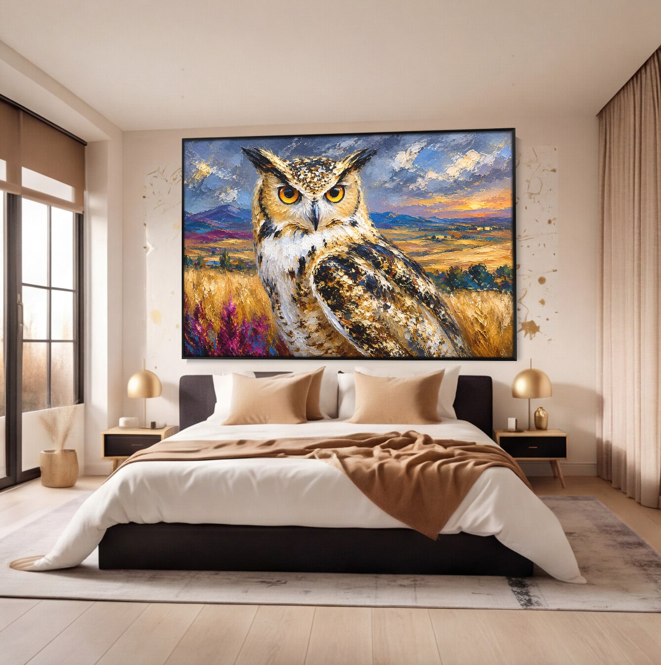 Tablou Canvas Premium LuxCanva® M1610, Bufnita In Peisaj Rural, Bufnita, Peisaj, Rural, Natura, Apus, Living, Dormitor, Culori Vibrante