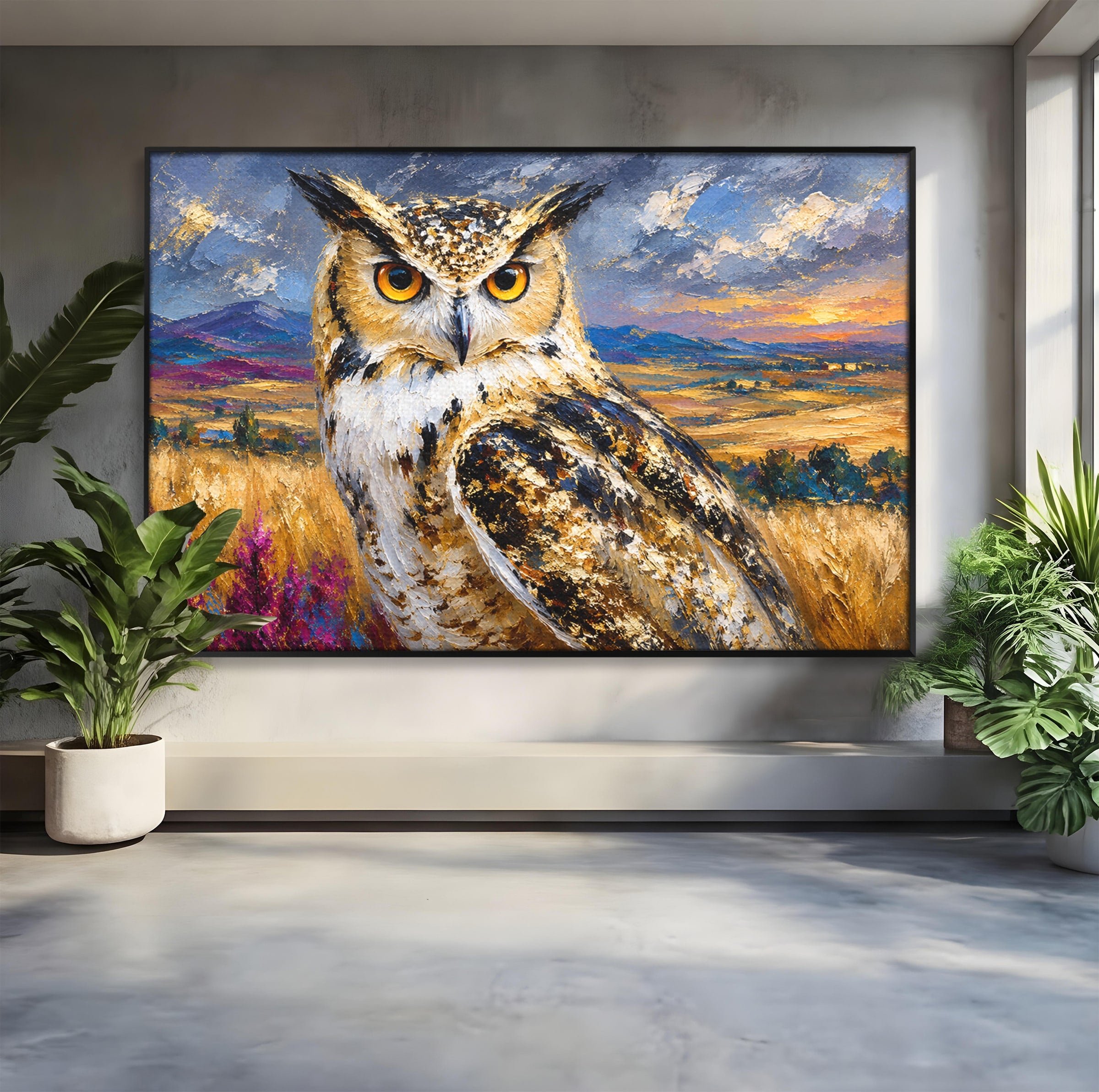 Tablou Canvas Premium LuxCanva® M1610, Bufnita In Peisaj Rural, Bufnita, Peisaj, Rural, Natura, Apus, Living, Dormitor, Culori Vibrante