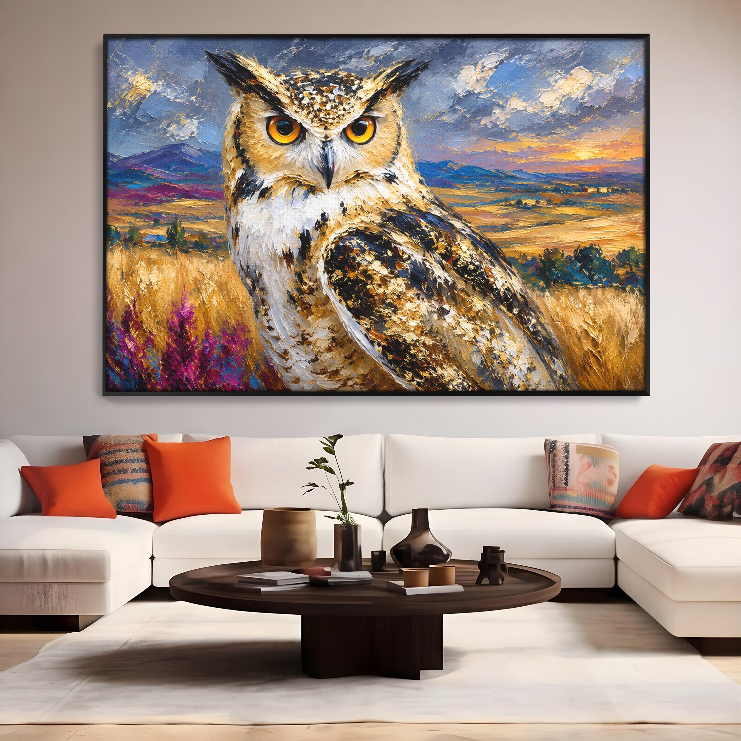 Tablou Canvas Premium LuxCanva® M1610, Bufnita In Peisaj Rural, Bufnita, Peisaj, Rural, Natura, Apus, Living, Dormitor, Culori Vibrante