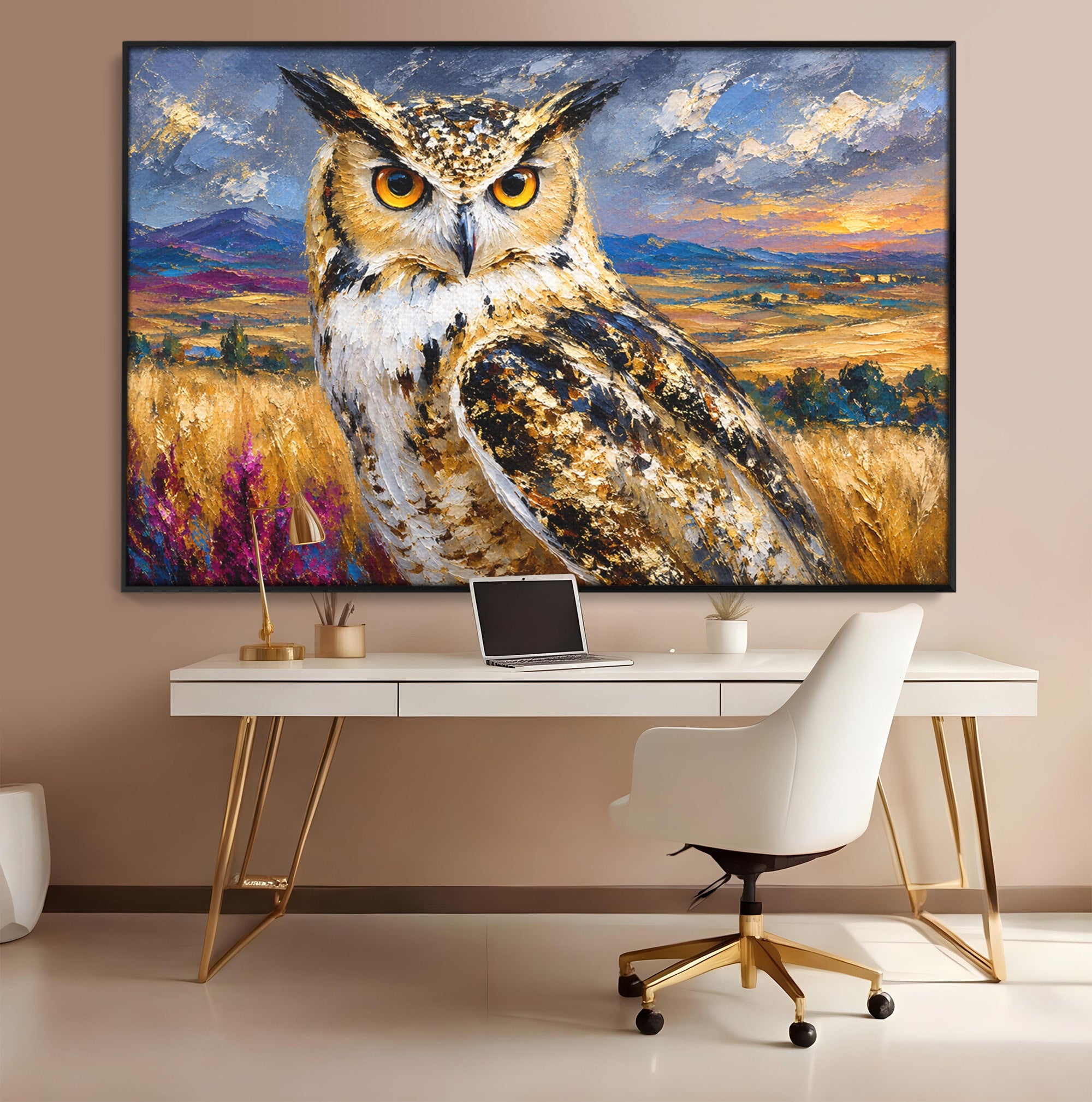Tablou Canvas Premium LuxCanva® M1610, Bufnita In Peisaj Rural, Bufnita, Peisaj, Rural, Natura, Apus, Living, Dormitor, Culori Vibrante