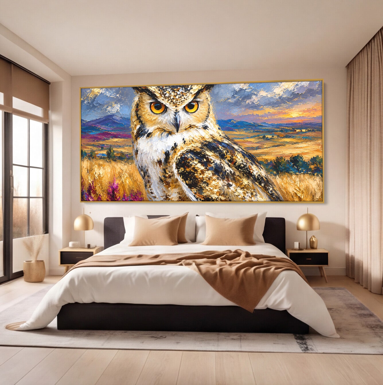 Tablou Canvas Premium LuxCanva® M1610, Bufnita In Peisaj Rural, Bufnita, Peisaj, Rural, Natura, Apus, Living, Dormitor, Culori Vibrante