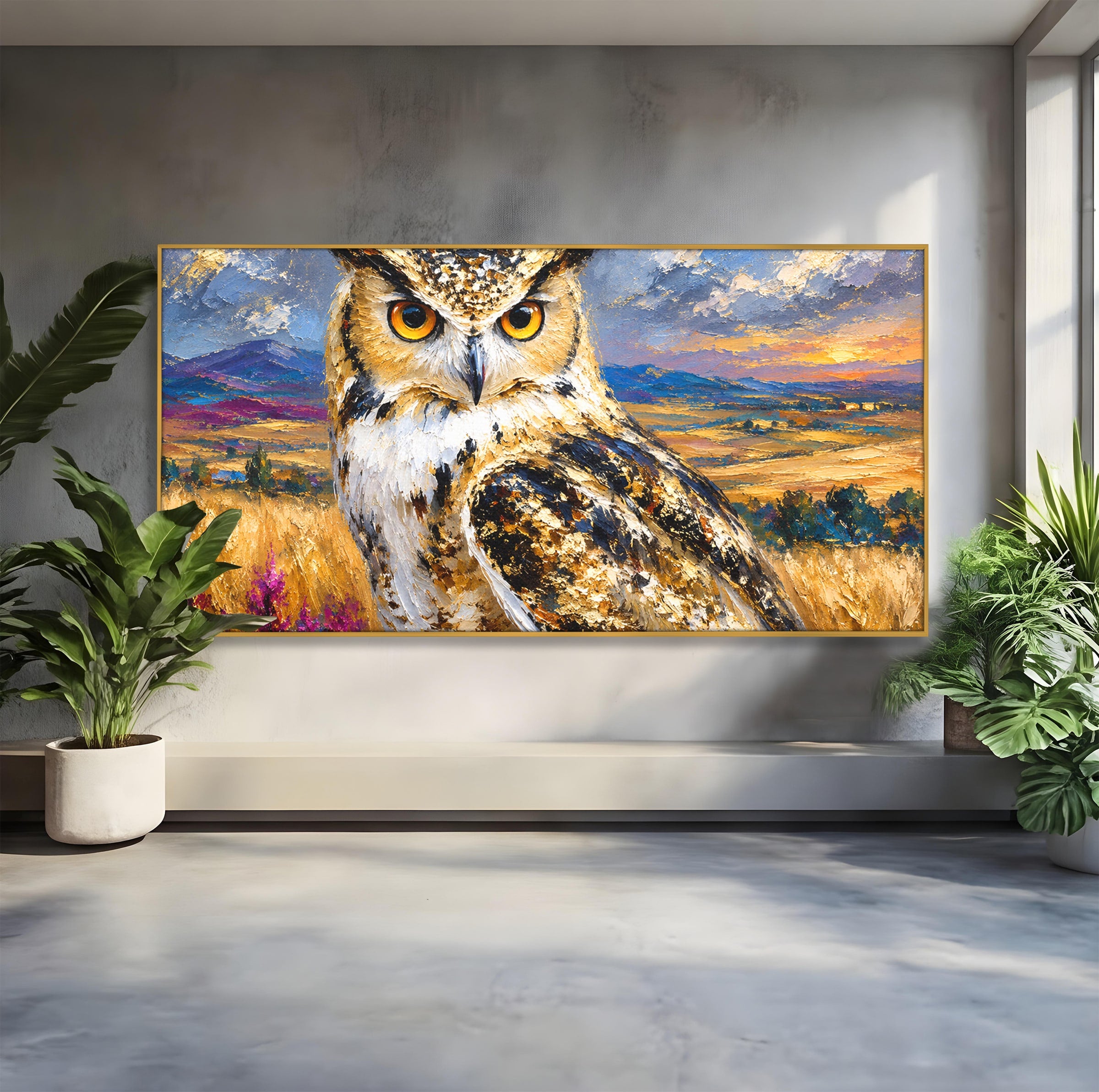 Tablou Canvas Premium LuxCanva® M1610, Bufnita In Peisaj Rural, Bufnita, Peisaj, Rural, Natura, Apus, Living, Dormitor, Culori Vibrante