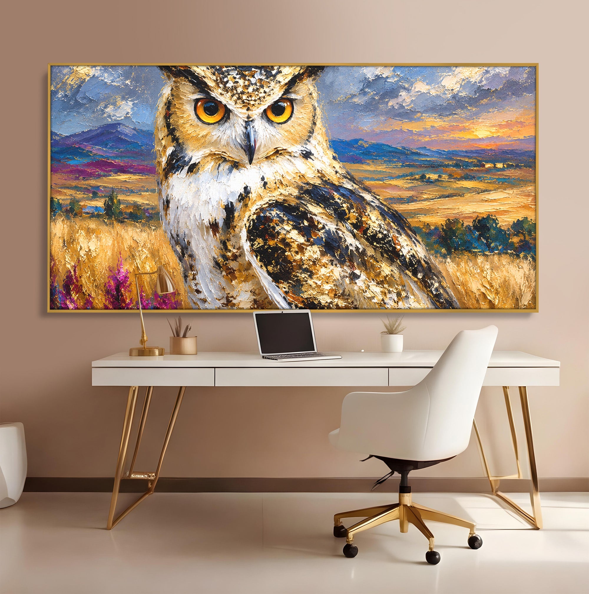 Tablou Canvas Premium LuxCanva® M1610, Bufnita In Peisaj Rural, Bufnita, Peisaj, Rural, Natura, Apus, Living, Dormitor, Culori Vibrante