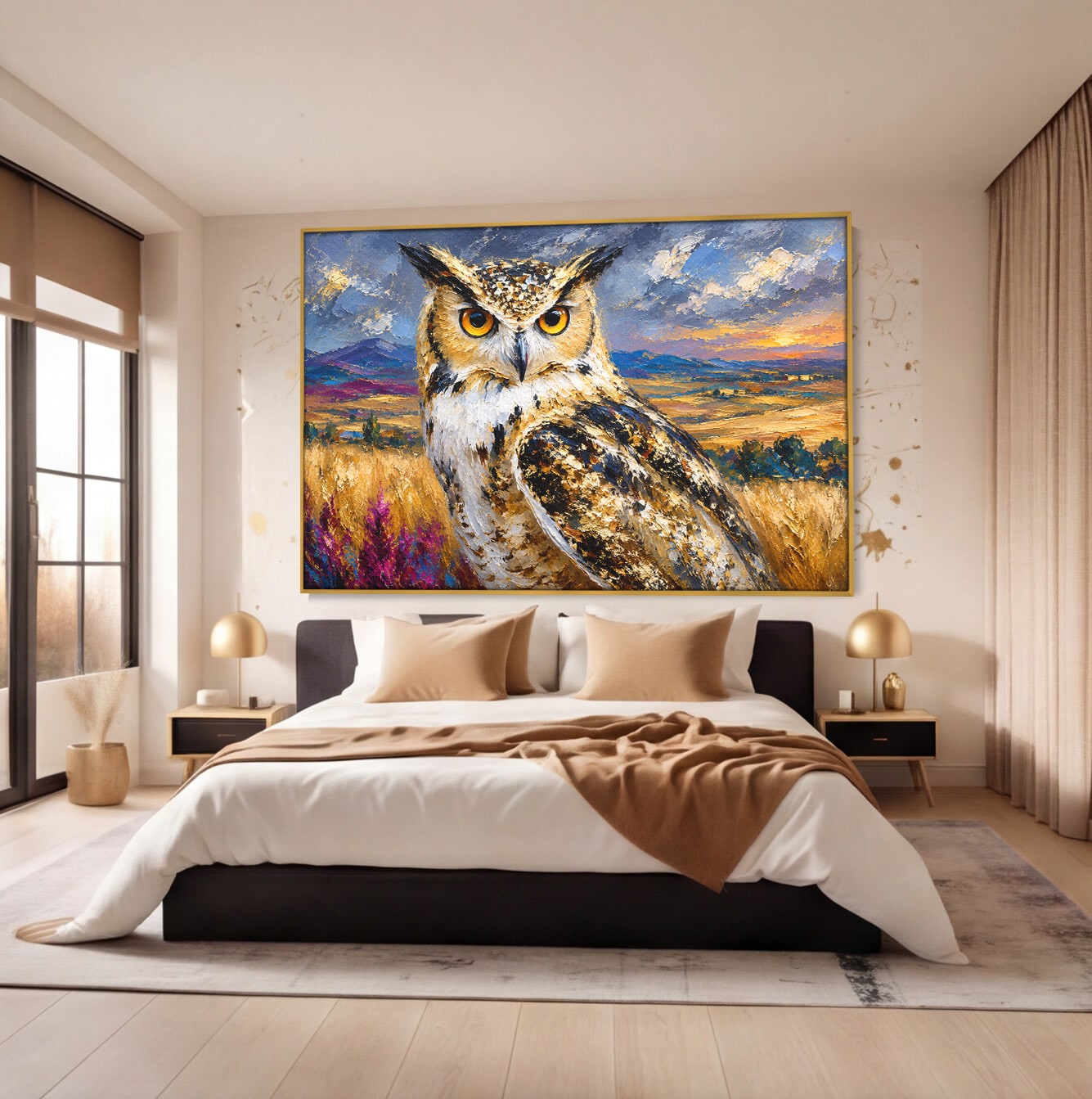 Tablou Canvas Premium LuxCanva® M1610, Bufnita In Peisaj Rural, Bufnita, Peisaj, Rural, Natura, Apus, Living, Dormitor, Culori Vibrante