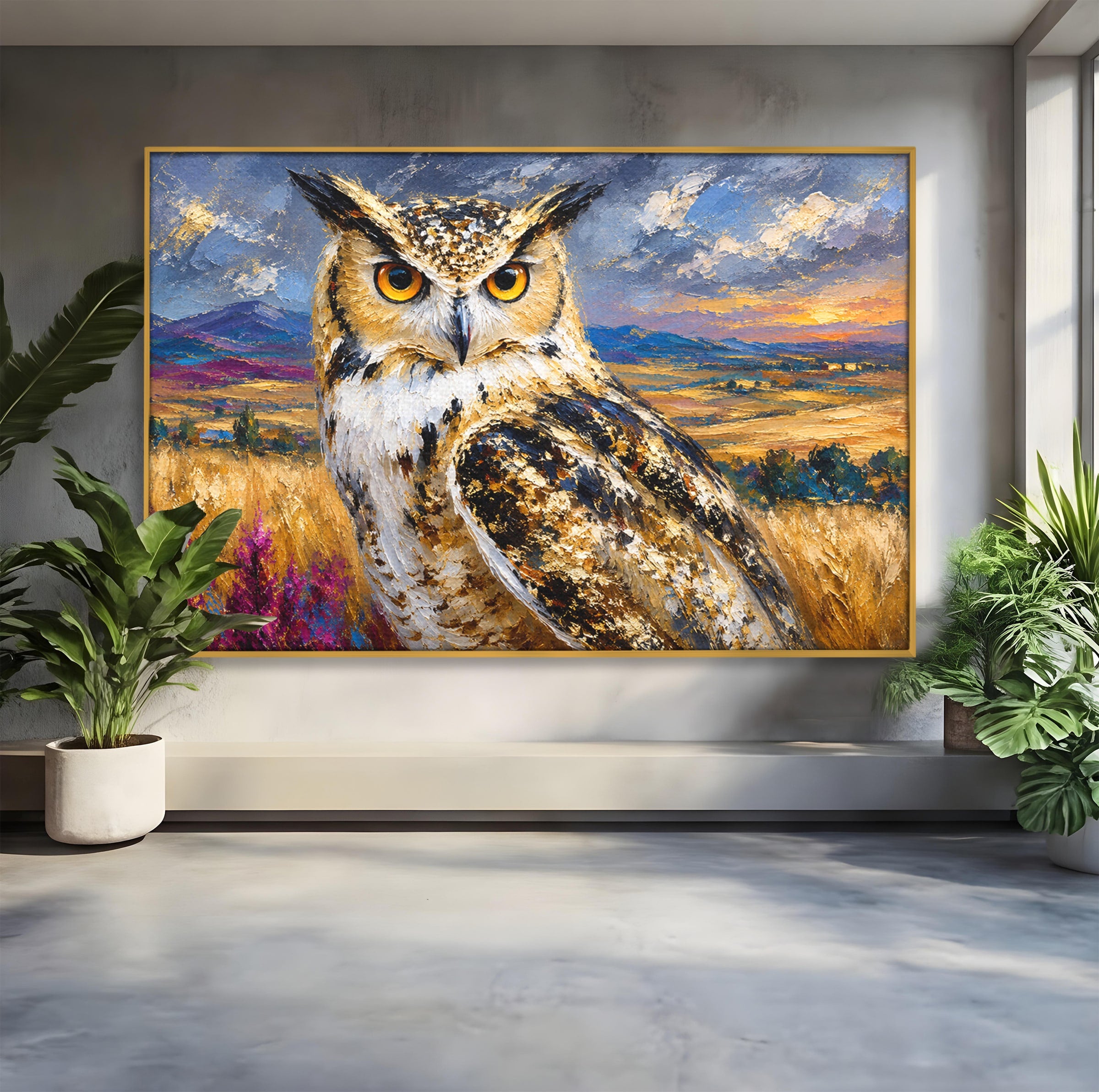 Tablou Canvas Premium LuxCanva® M1610, Bufnita In Peisaj Rural, Bufnita, Peisaj, Rural, Natura, Apus, Living, Dormitor, Culori Vibrante