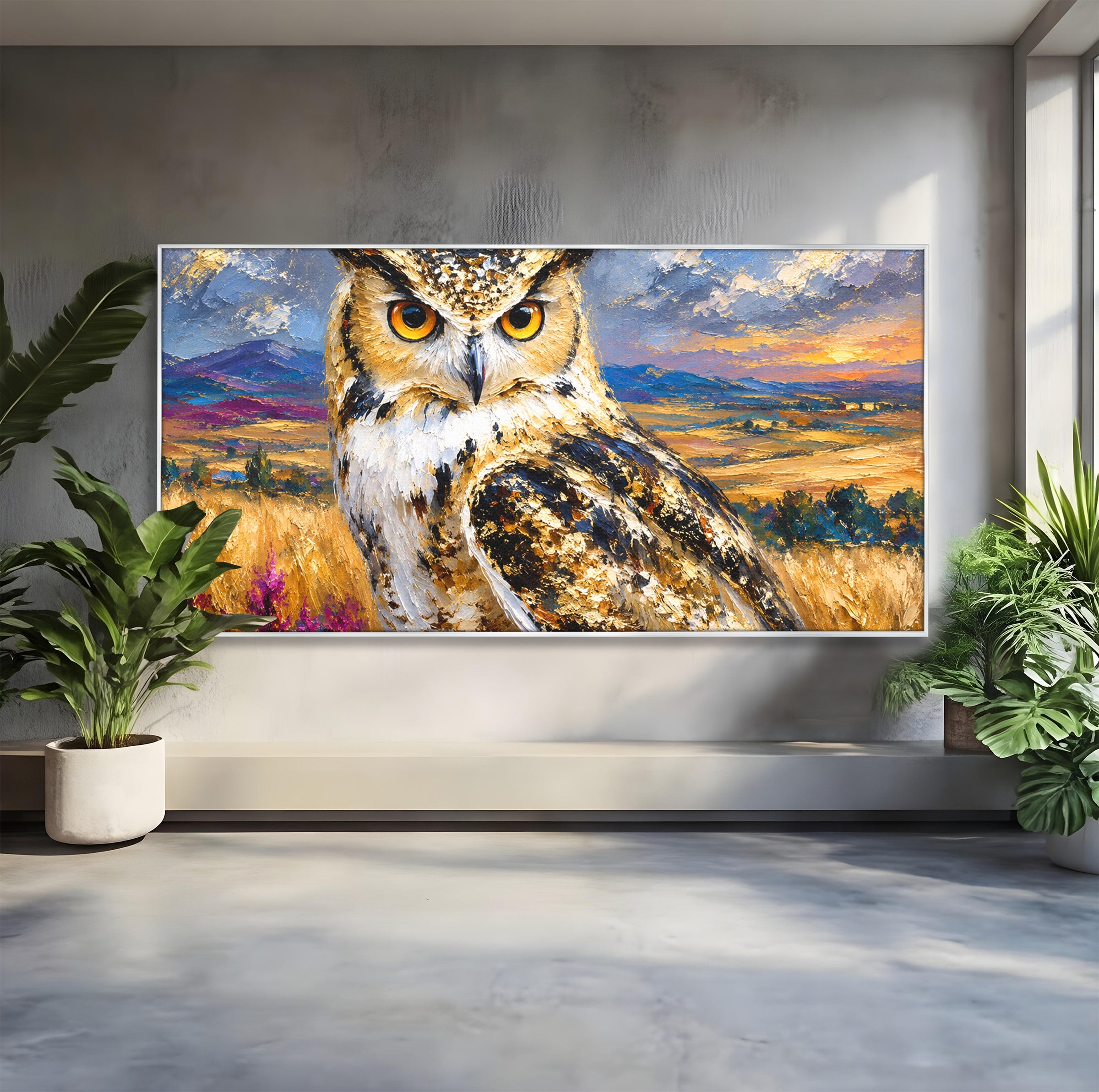 Tablou Canvas Premium LuxCanva® M1610, Bufnita In Peisaj Rural, Bufnita, Peisaj, Rural, Natura, Apus, Living, Dormitor, Culori Vibrante