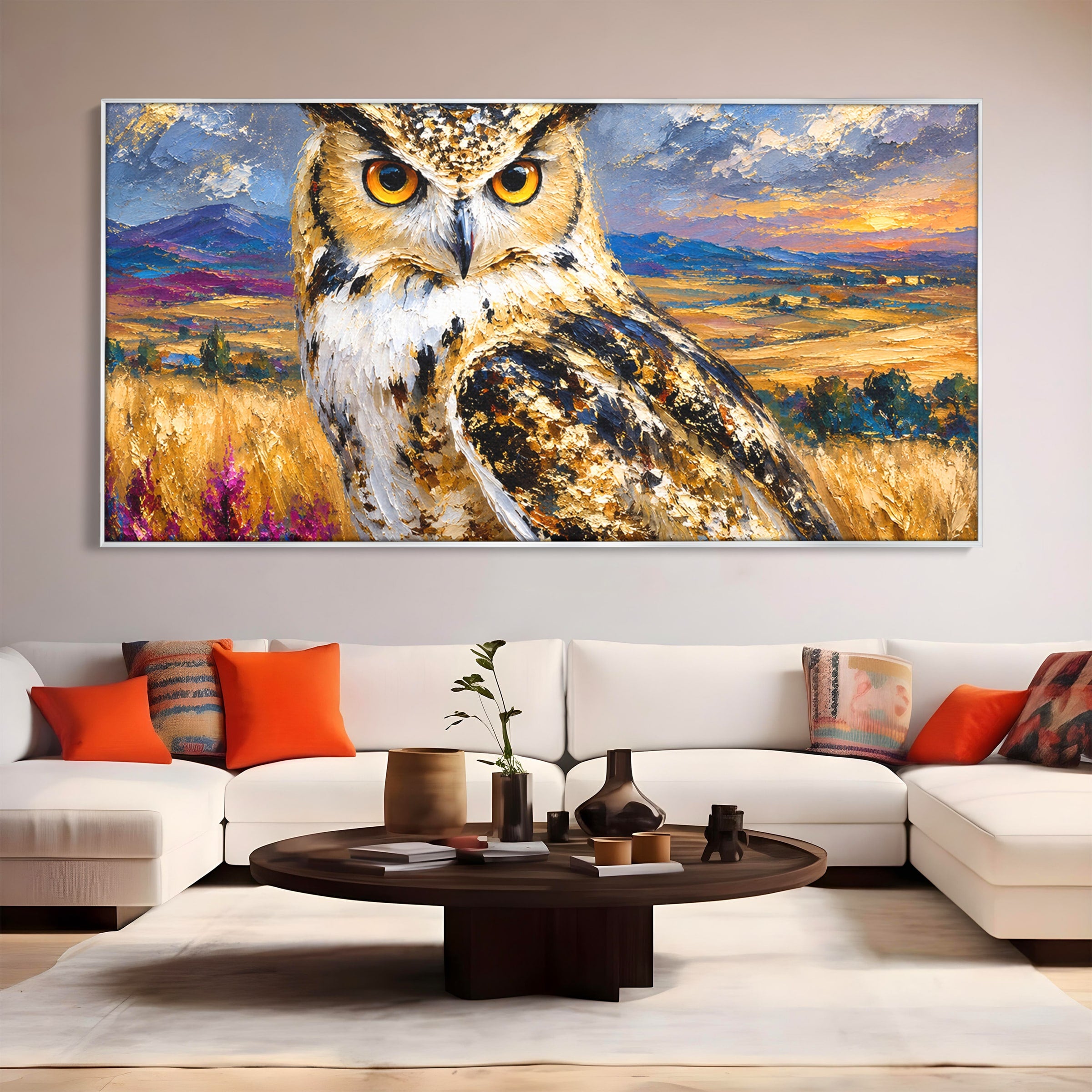Tablou Canvas Premium LuxCanva® M1610, Bufnita In Peisaj Rural, Bufnita, Peisaj, Rural, Natura, Apus, Living, Dormitor, Culori Vibrante