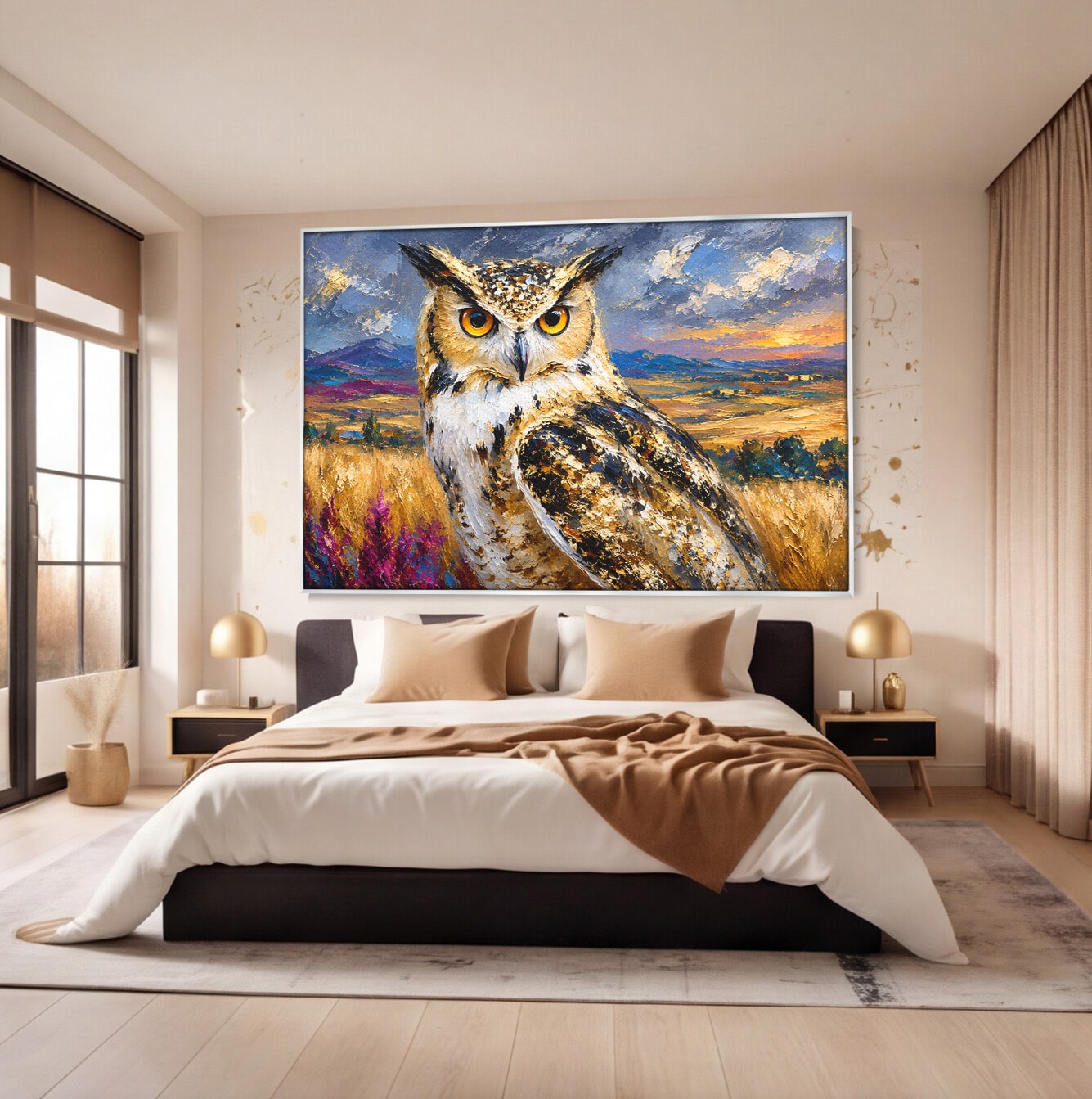 Tablou Canvas Premium LuxCanva® M1610, Bufnita In Peisaj Rural, Bufnita, Peisaj, Rural, Natura, Apus, Living, Dormitor, Culori Vibrante