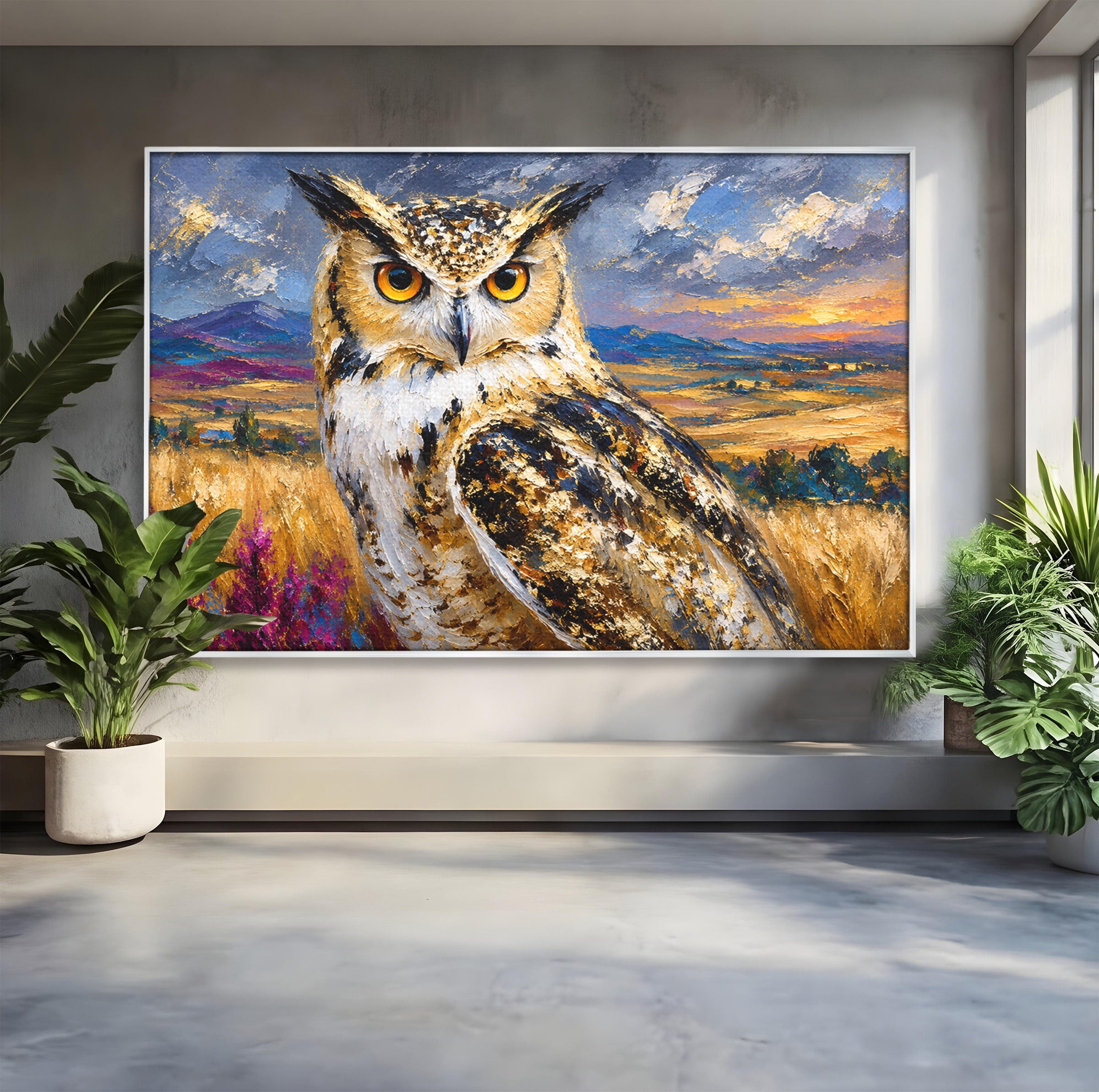 Tablou Canvas Premium LuxCanva® M1610, Bufnita In Peisaj Rural, Bufnita, Peisaj, Rural, Natura, Apus, Living, Dormitor, Culori Vibrante