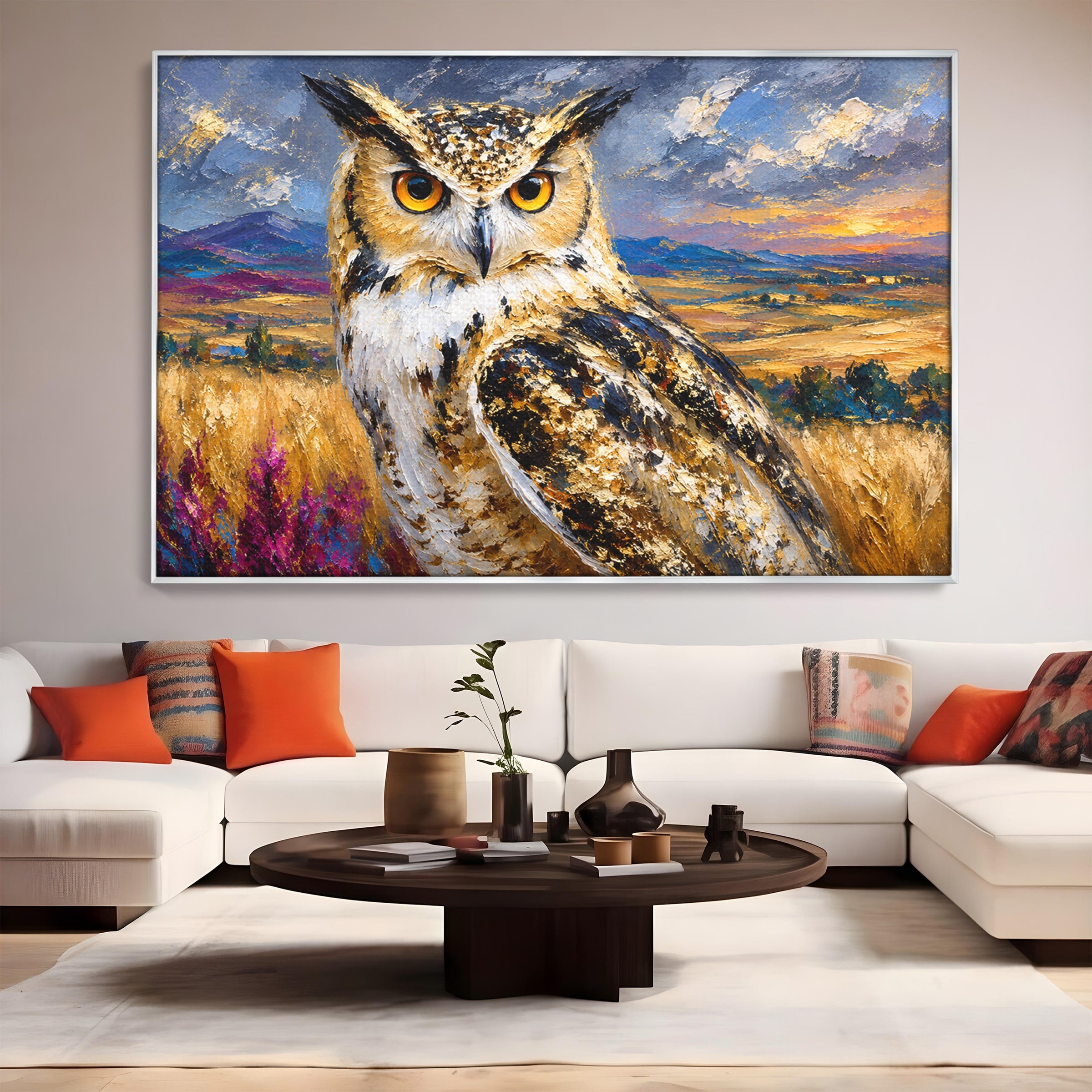 Tablou Canvas Premium LuxCanva® M1610, Bufnita In Peisaj Rural, Bufnita, Peisaj, Rural, Natura, Apus, Living, Dormitor, Culori Vibrante