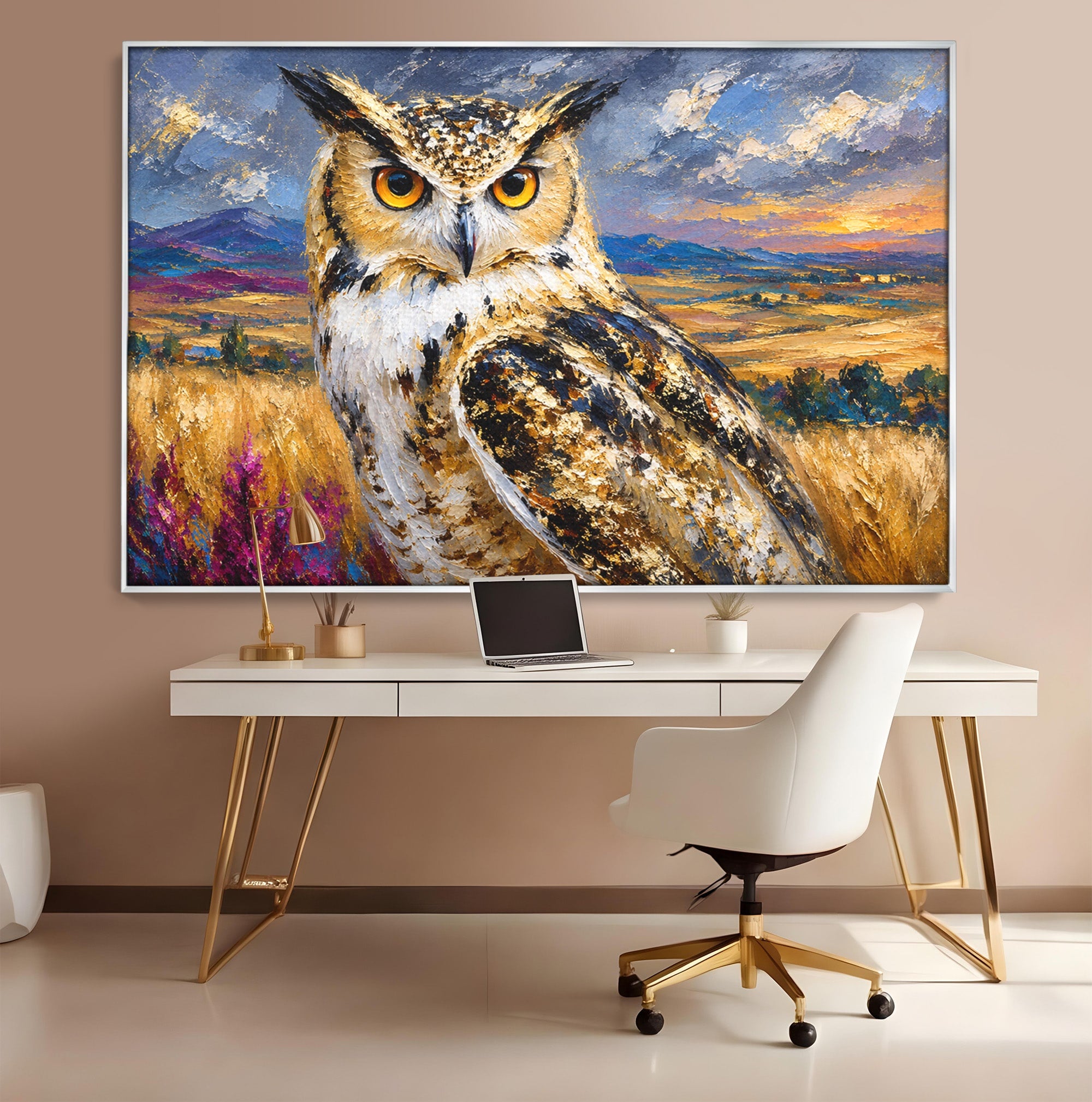 Tablou Canvas Premium LuxCanva® M1610, Bufnita In Peisaj Rural, Bufnita, Peisaj, Rural, Natura, Apus, Living, Dormitor, Culori Vibrante