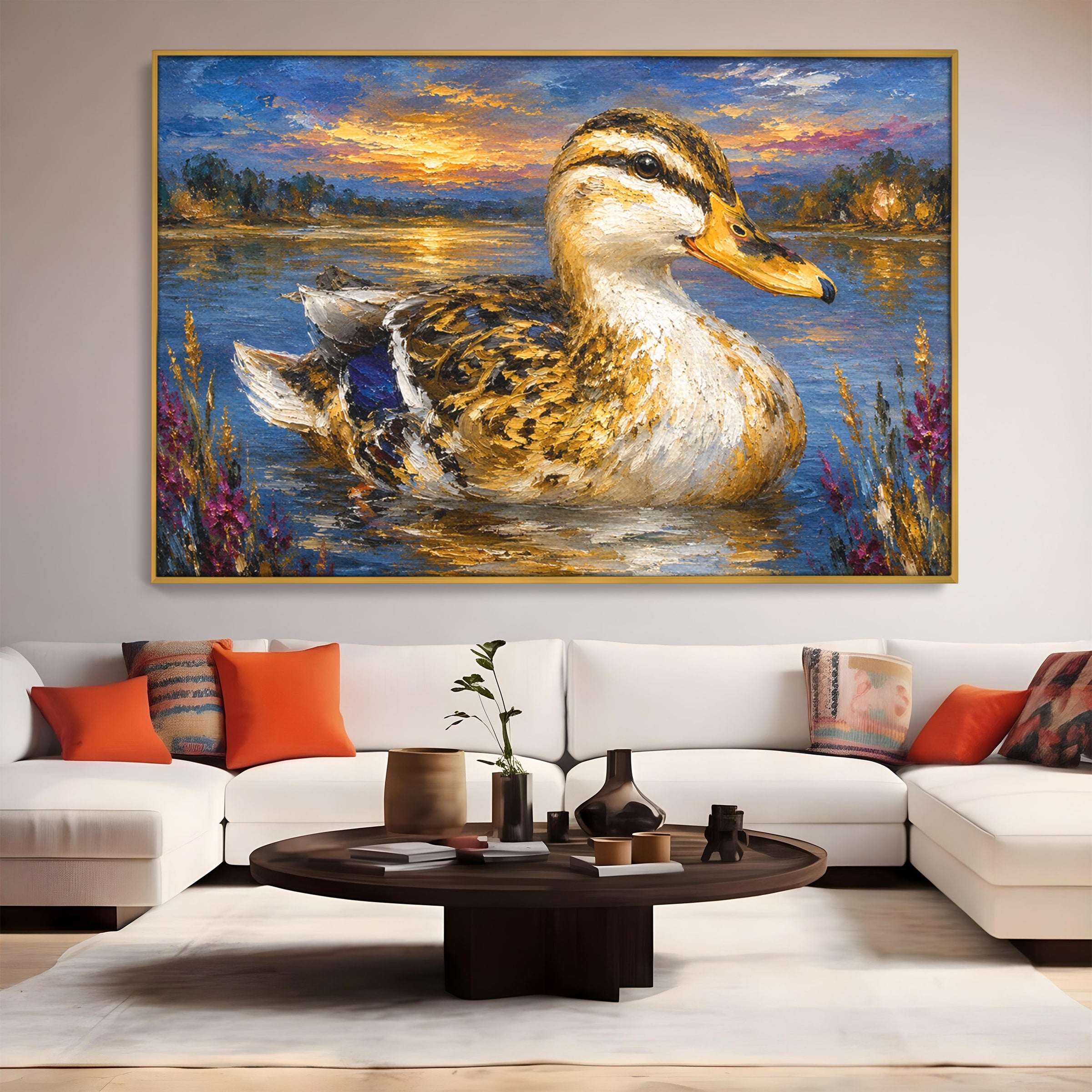 Tablou Canvas Premium LuxCanva® M1611, Rata La Apus, Rata, Apus, Peisaj, Natura, Lac, Living, Culori Vibrante