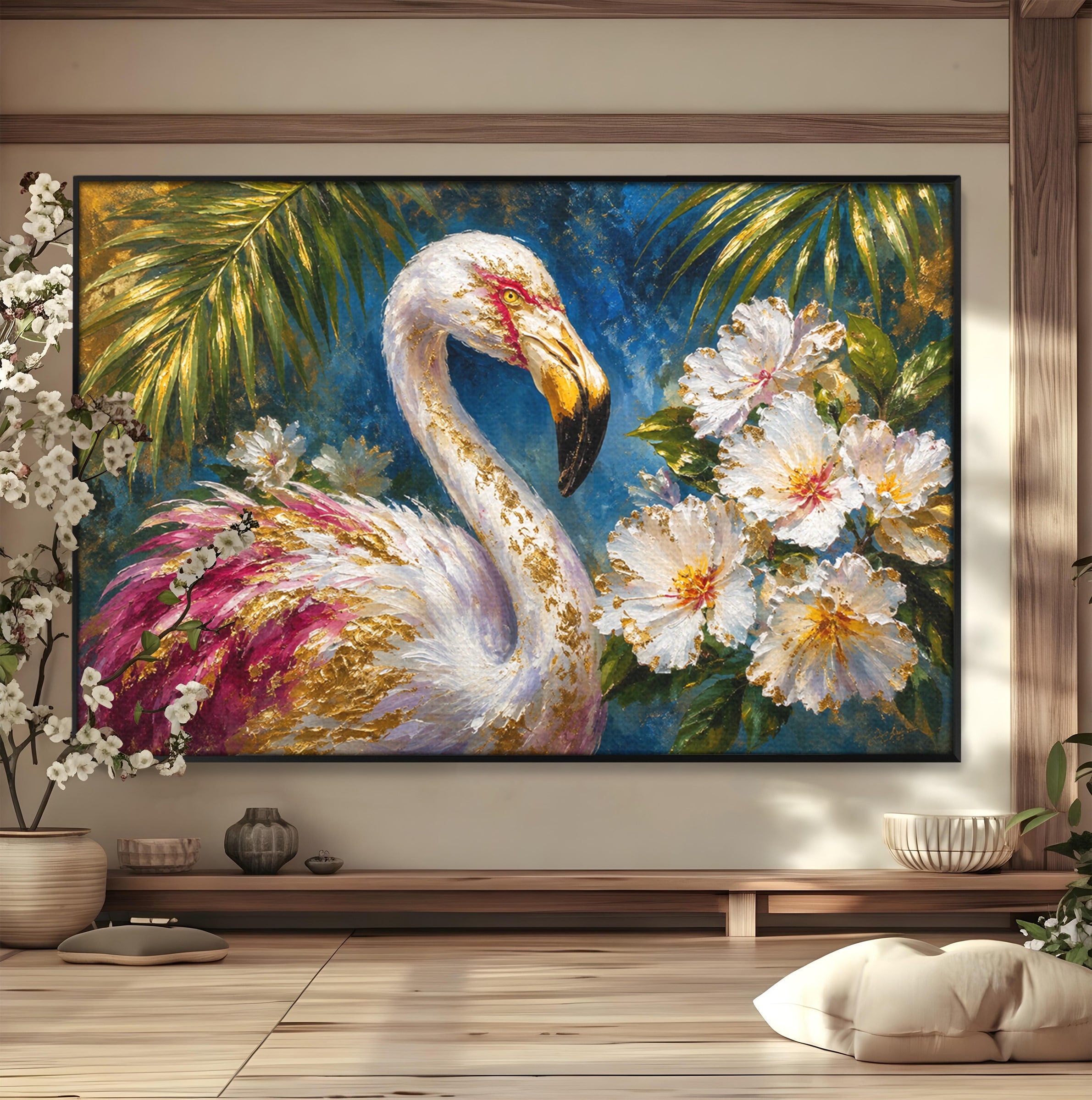 Tablou Canvas Premium LuxCanva® M1613, Flamingo Exotic, Flamingo, Flori, Exotic, Natura, Living, Culori Vibrante