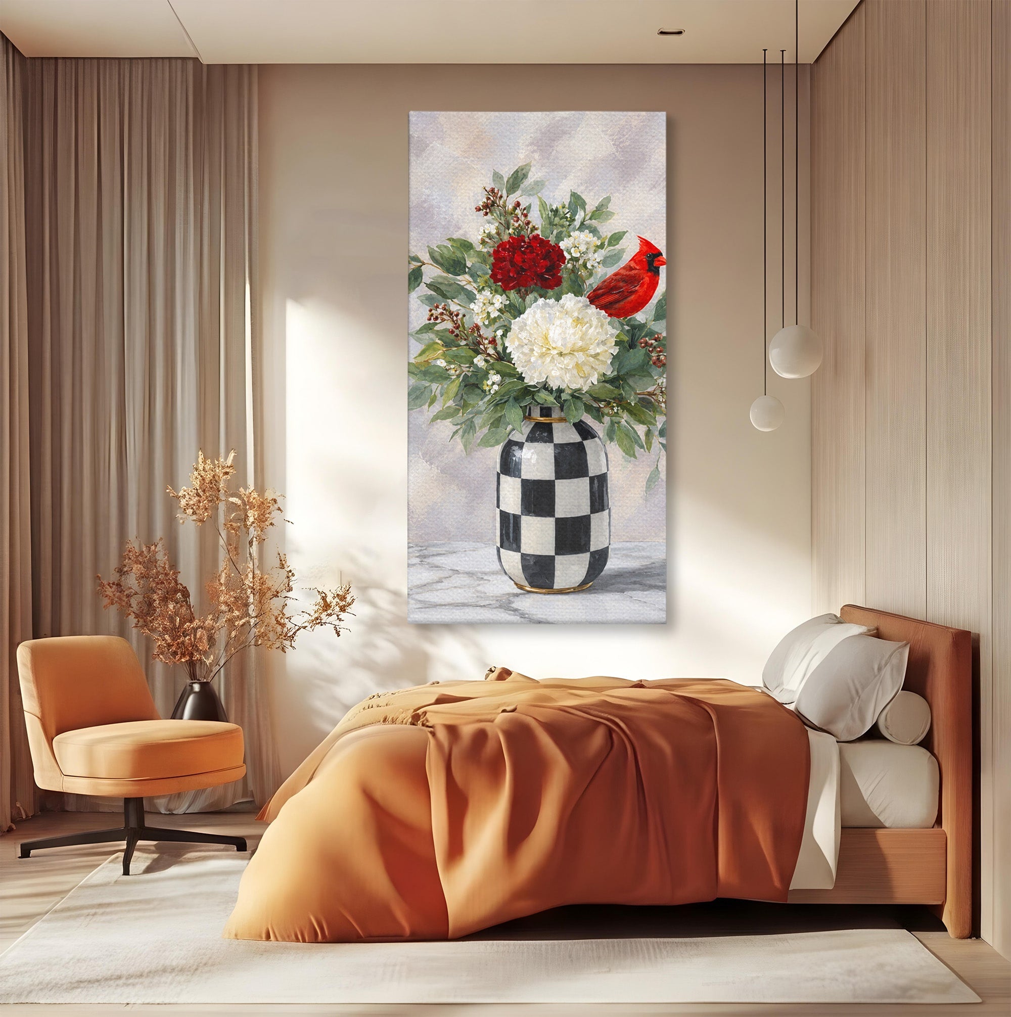 Tablou Canvas Premium LuxCanva® M1614, Vas Cu Flori Si Pasare, Flori, Pasare, Vas, Natura, Living, Dormitor, Culori Vibrante