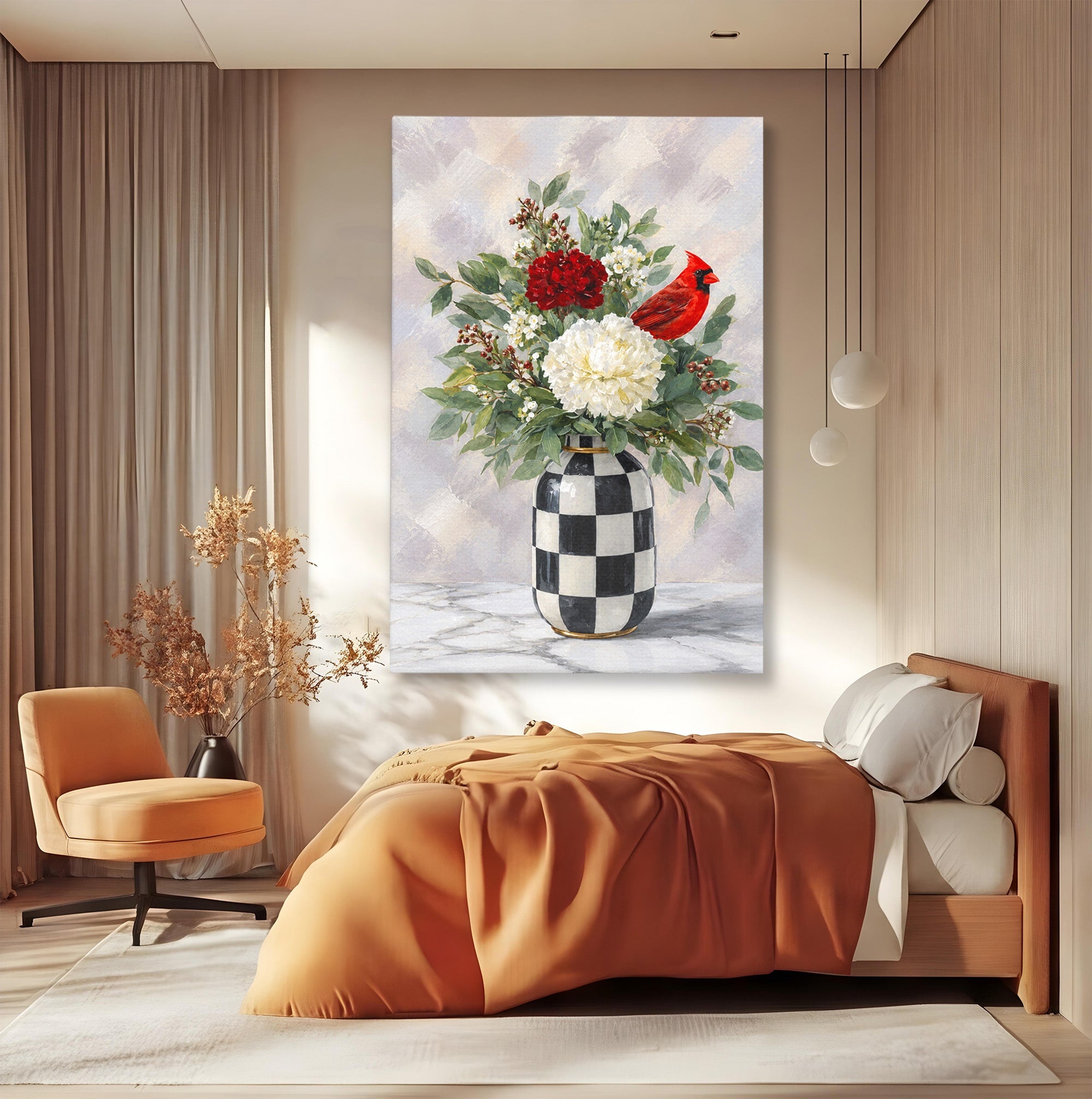 Tablou Canvas Premium LuxCanva® M1614, Vas Cu Flori Si Pasare, Flori, Pasare, Vas, Natura, Living, Dormitor, Culori Vibrante