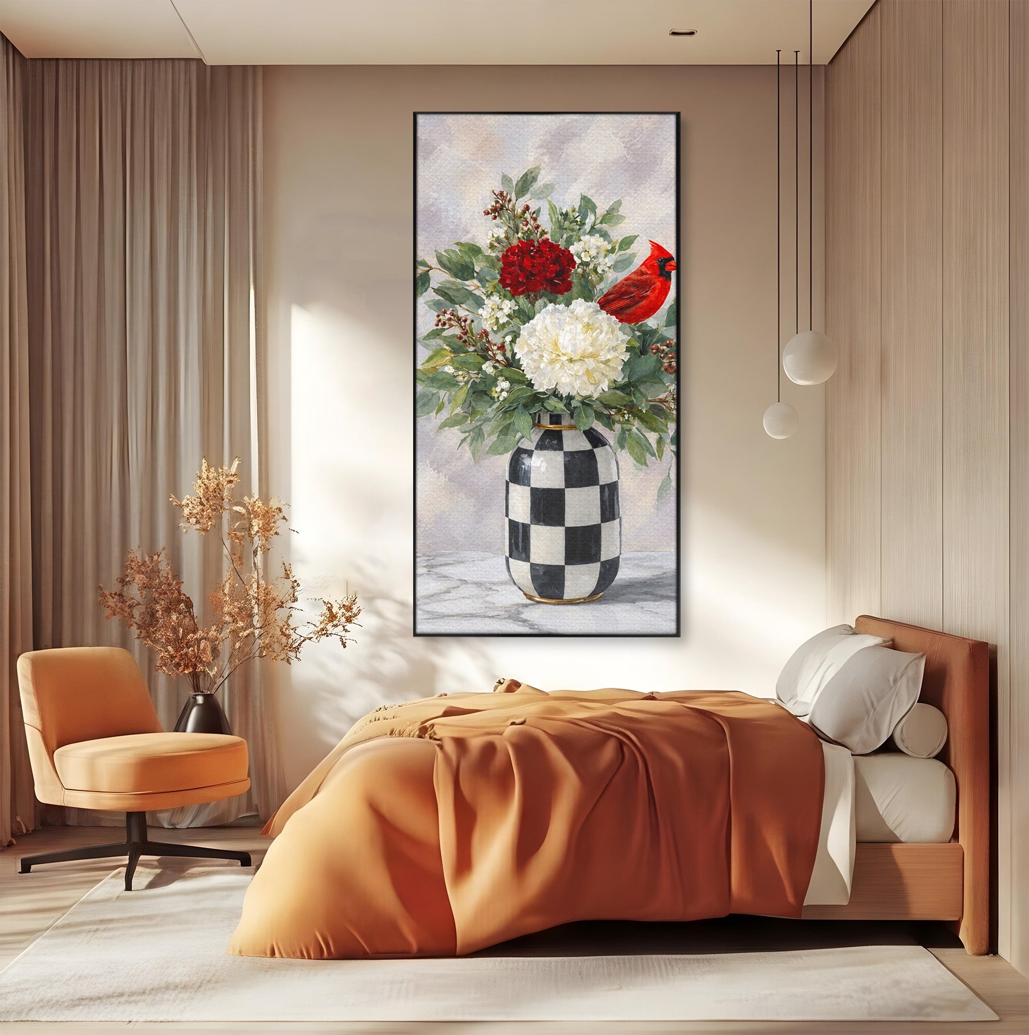 Tablou Canvas Premium LuxCanva® M1614, Vas Cu Flori Si Pasare, Flori, Pasare, Vas, Natura, Living, Dormitor, Culori Vibrante