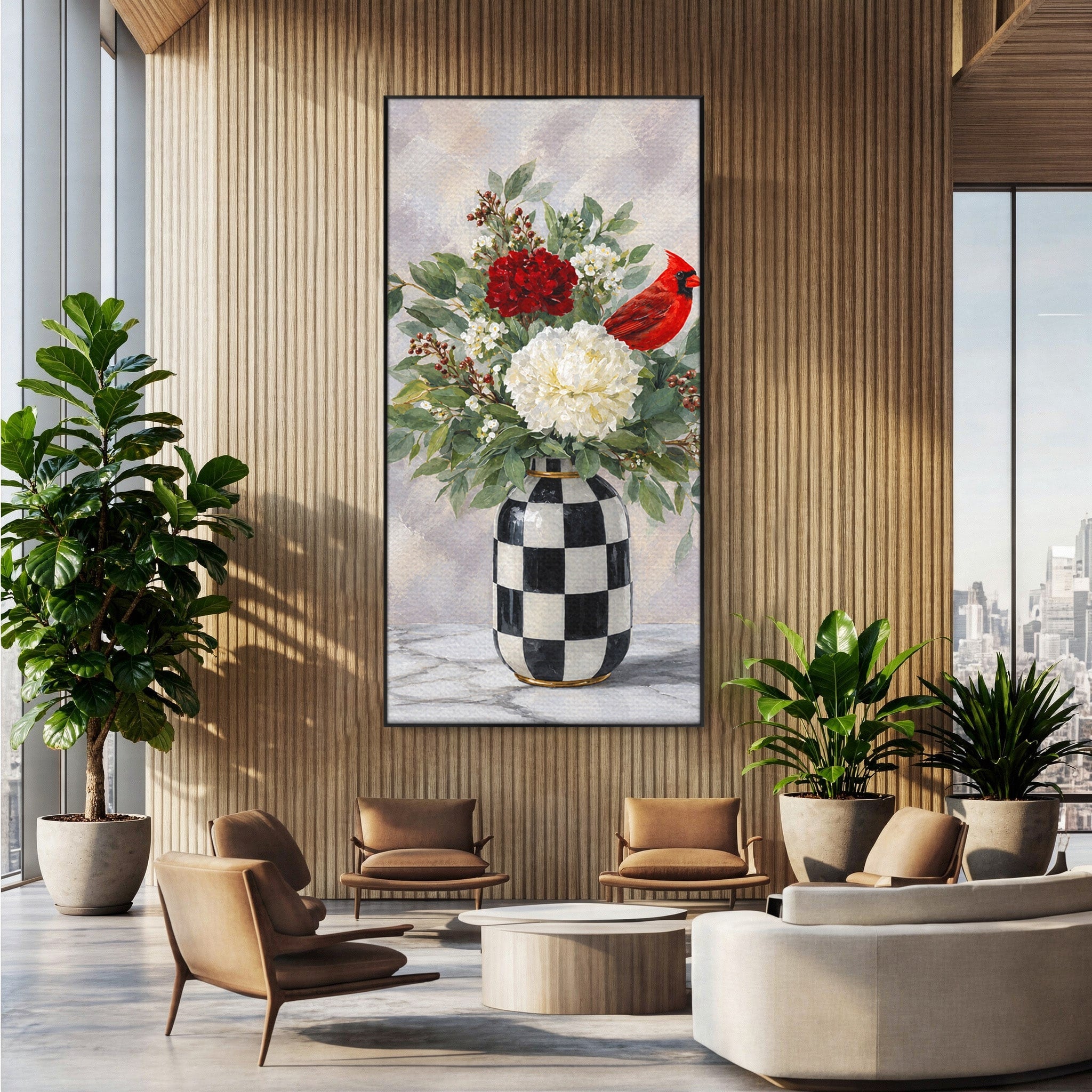Tablou Canvas Premium LuxCanva® M1614, Vas Cu Flori Si Pasare, Flori, Pasare, Vas, Natura, Living, Dormitor, Culori Vibrante