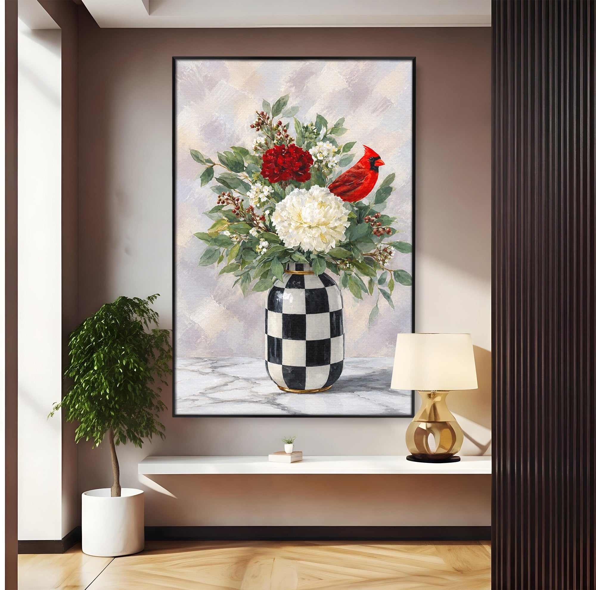 Tablou Canvas Premium LuxCanva® M1614, Vas Cu Flori Si Pasare, Flori, Pasare, Vas, Natura, Living, Dormitor, Culori Vibrante