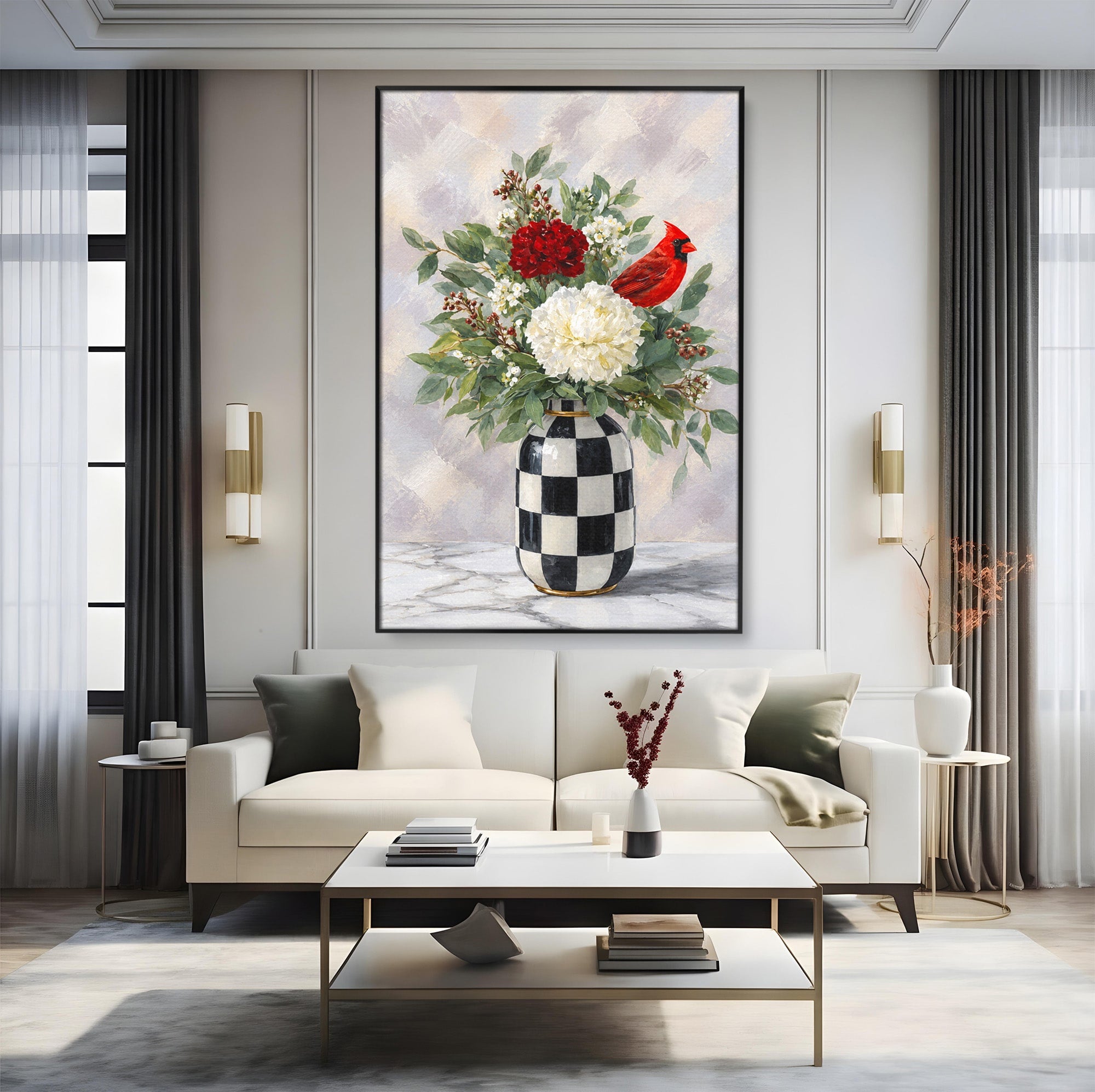 Tablou Canvas Premium LuxCanva® M1614, Vas Cu Flori Si Pasare, Flori, Pasare, Vas, Natura, Living, Dormitor, Culori Vibrante