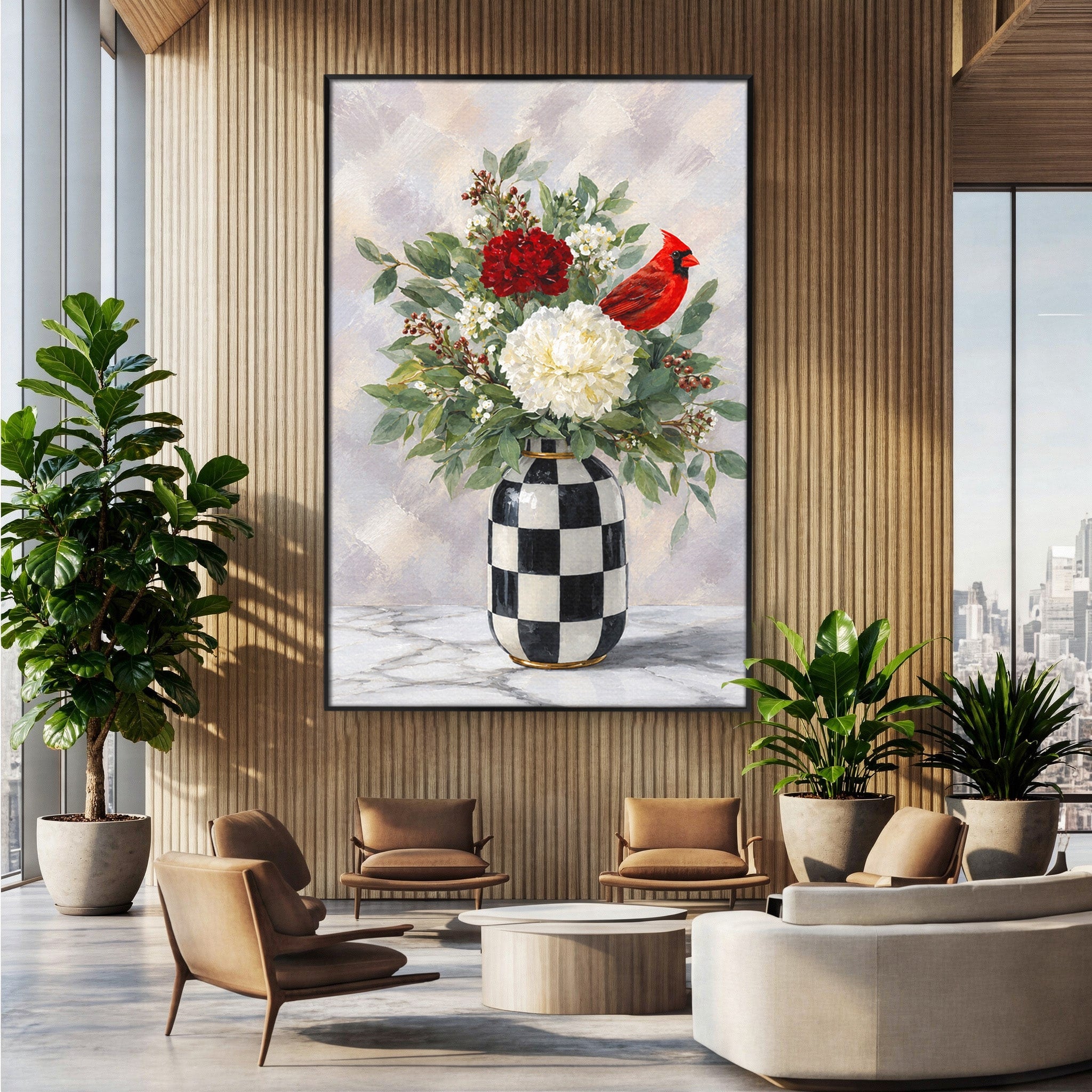 Tablou Canvas Premium LuxCanva® M1614, Vas Cu Flori Si Pasare, Flori, Pasare, Vas, Natura, Living, Dormitor, Culori Vibrante