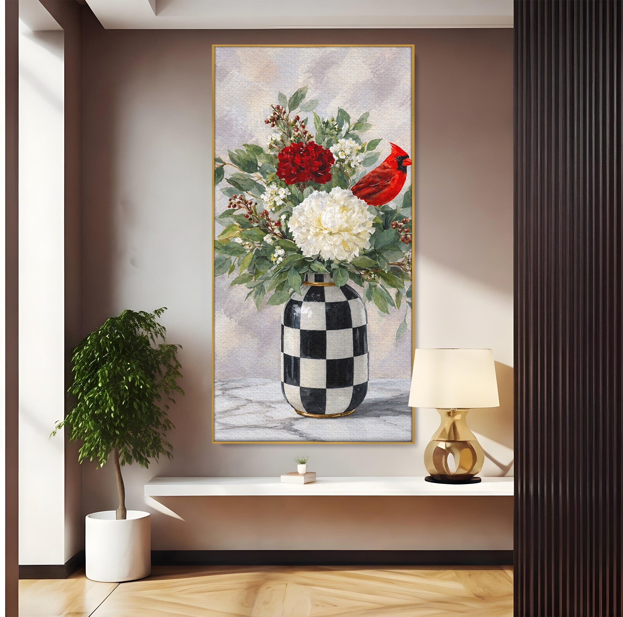 Tablou Canvas Premium LuxCanva® M1614, Vas Cu Flori Si Pasare, Flori, Pasare, Vas, Natura, Living, Dormitor, Culori Vibrante