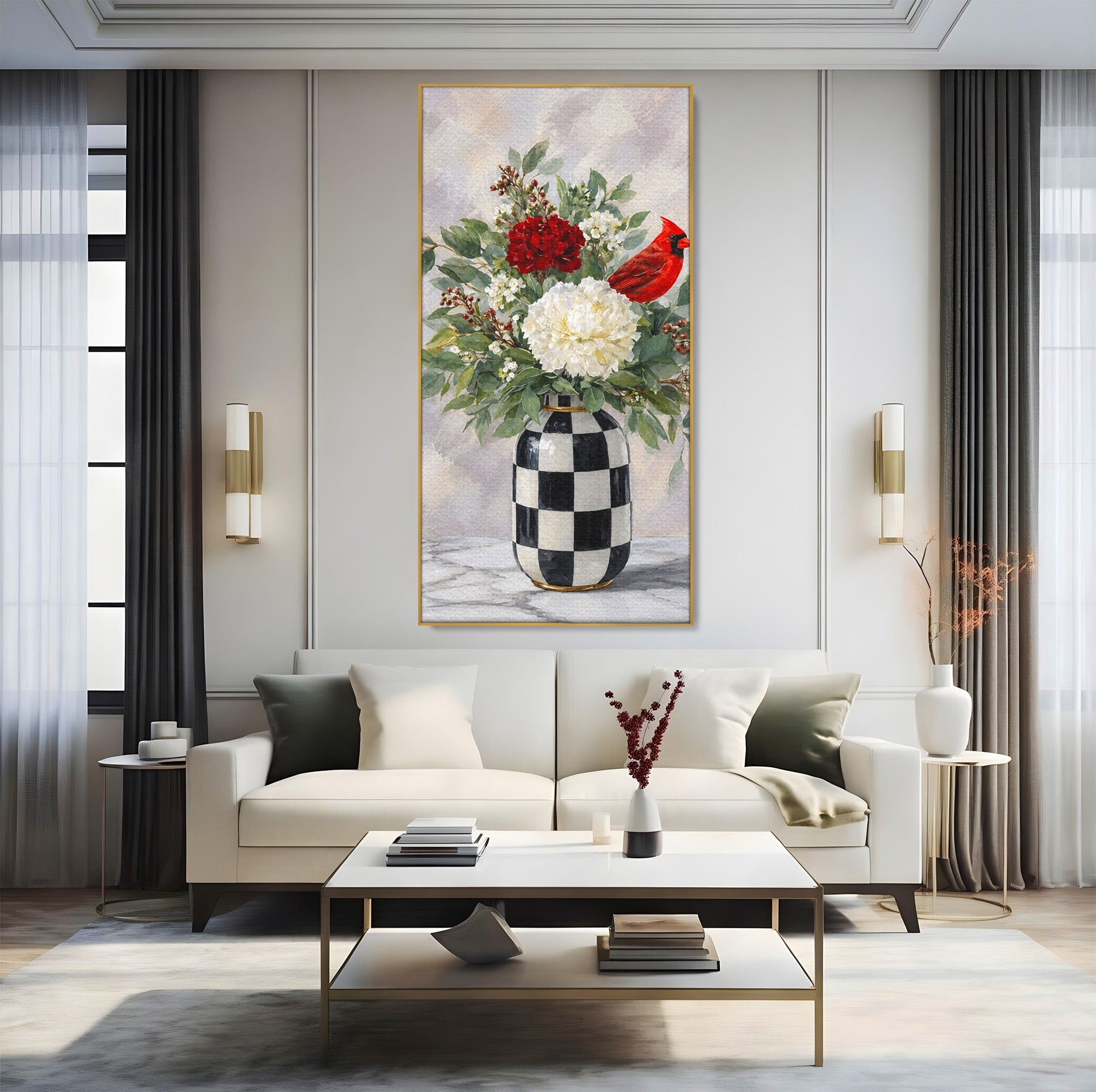 Tablou Canvas Premium LuxCanva® M1614, Vas Cu Flori Si Pasare, Flori, Pasare, Vas, Natura, Living, Dormitor, Culori Vibrante