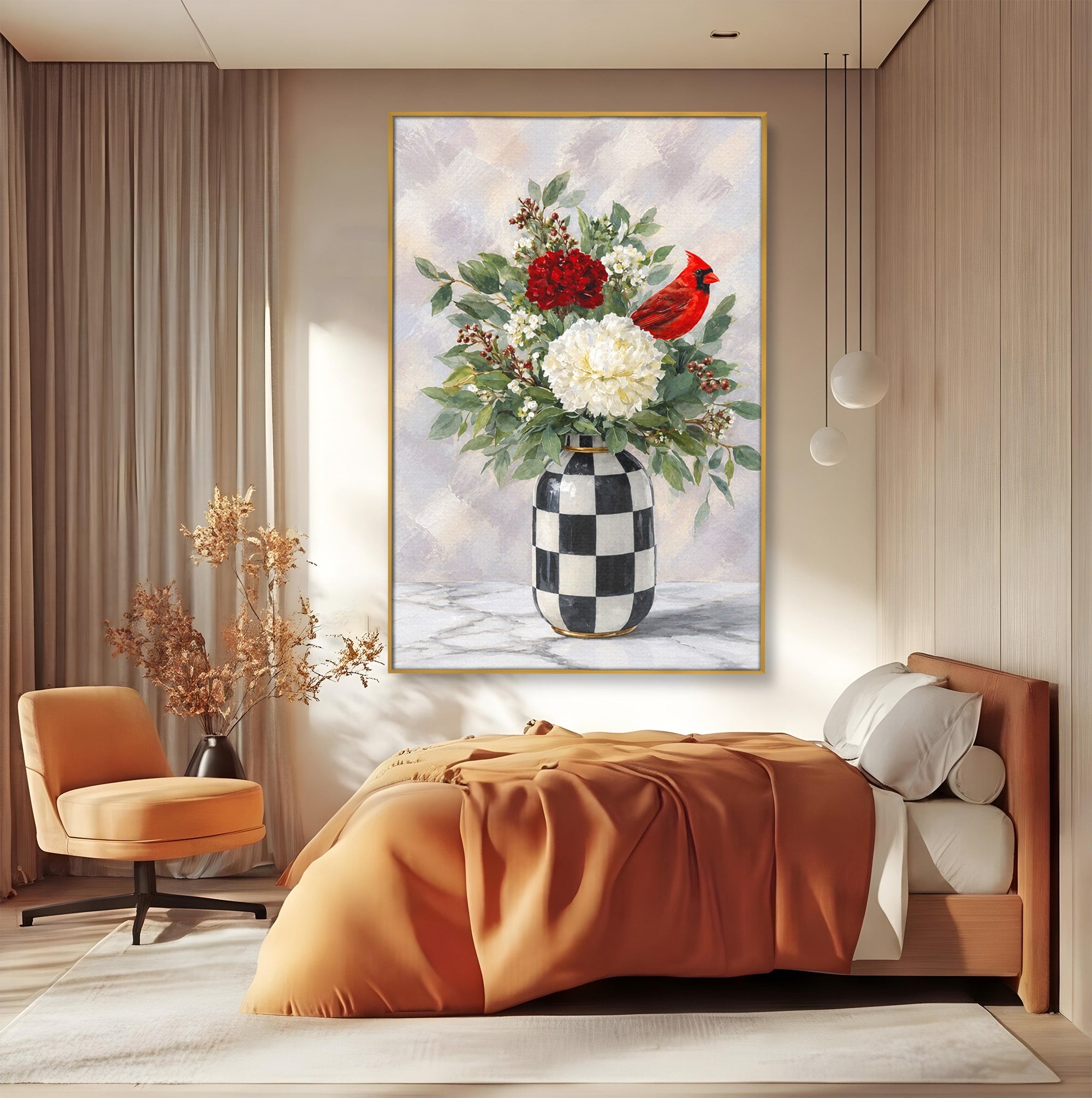 Tablou Canvas Premium LuxCanva® M1614, Vas Cu Flori Si Pasare, Flori, Pasare, Vas, Natura, Living, Dormitor, Culori Vibrante